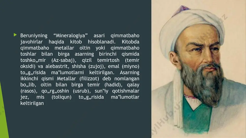 iya” fanlari bilan birga qurilish materiallari faniga ham asos solgan va rivojiga ulkan hissa qo„shgan degan xulosaga kelamiz. 2. “mineroligiya” asari o„z nomi bilan qimmatbaho minerallarga bag„ishlanganiga qaramasdan qurilishda qo„llaniladigan materiallar to„g„risida ma‟lumotlar keltirilgan. bu esa beruniy yashagan davrda qurilish sohasi rivojlanganini tasdiqlaydi. 3.beruniy ganch suvoqni qimmatbaho toshlar bilan bezatish to„g„risidagi ma‟lumotlariga asosan ota-bobolarimiz qurilishni san‟at darajasiga ko„tarishganiga guvoh bo„lamiz. 4.beruniy yashagan davr to„g„risidagi tarixiy ma‟lumotlarda xorazm qal‟alari hajmi va ko„rinishi katta va go„zal bo„lgani birinchi renesans davrida ilm fan rivoji qurilish sohasi va qurilishga oid fanlarni rivojlanishiga, o„z navbatida qurilish sohasining rivoji esa ilm fan rivojiga asos bo„lganini ko„ramiz. ikkinchi renesans davrida samarqandda qurilgan tarixiy binolar hamda obidalar, ilm fan sohasidagi mirzo ulug„bek, ali qushchi kabi olimlarning kashfiyotlari ham yuqoridagi xulosani tasdiqlaydi. 5.yurtimizda uchinchi renesans yo„lida olib borilayotgan say‟-harakatlar birinchi va ikkinchi renensans davridagidaek ilm fan taraqqiyoti qurilish va me‟morchilik sohasini rivojiga, qurilish sohasining rivoji esa ilm fan rivojiga …