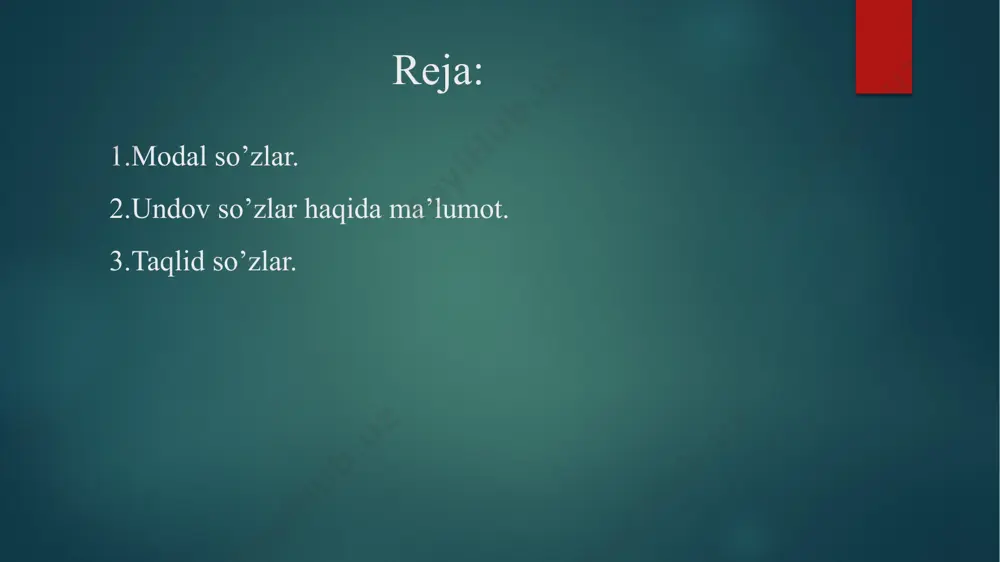 ham qo'llanadigan aftidan, chamasi, balki, ehtimol, shubhasiz kabi so'zlar vazifadosh modal so'zlar hisoblanadi. modal so'zlar gap tarkibidagi so'zlardan vergul ... his-hayajon, buyruq-xitobni ifodalovchi so’zlar undov so’zlar sanaladi. undovlar ma’nosiga ko’ra ikki guruhga bo’linadi: 1) his-hayajon undovlari 2) buyruq-xitob undovlari misollar: oh, qanday go’zal bu olam ! iye, butun boshli bir odam tirilib keladi-yu, ovoragarchiligi bormi? ey qotil, nega shunday katta azim terakni nobud qilding? yozuvda undov so’zlaridan keyin vergul qo’yiladi. undalmalaridan oldin kelganda esa undan keyin vergul qo’yilmaydi. his-hayajon undovlari. his – hayajon undovlari kishilarning quvonchi, erkalash-erkalanish, rohatlanish, hayron qolish, norozilik, g’azab-nafrat, og’riq singari hissoylarni ifodalaydi. his-hayajon undovlarining o’zi undov gap bo’lib kelishi yoki gap tarkibida kelib, uni undov gapga aylantirishi mumkin. bunday gaplar oxiriga doimo undov qo’yiladi. taqlid so’zlar narsalarning tovushiga va holatiga taqlidni bildirgan so’zlar taqlid so’zlar deyiladi. taqlid so’zlar nimaga taqlidni bildirishiga ko’ra ikki xil bo’ladi: tovushga taqlid so’zlar; holatga taqlid so’zlar. misollar: chiroq lip-lip etdi. namoz …