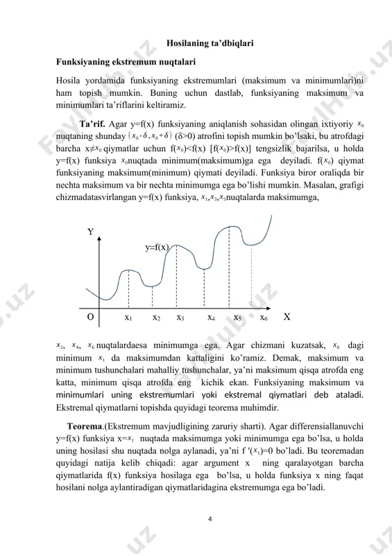 mkin bo’lsaki, bu atrofdagi barcha x≠qiymatlar uchun f() f(x)] tengsizlik bajarilsa, u holda y=f(x) funksiya nuqtada minimum(maksimum)ga ega deyiladi. f() qiymat funksiyaning maksimum(minimum) qiymati deyiladi. funksiya biror oraliqda bir nechta maksimum va bir nechta minimumga ega bo’lishi mumkin. masalan, grafigi chizmadatasvirlangan y=f(x) funksiya, ,,nuqtalarda maksimumga, , , nuqtalardaesa minimumga ega. agar chizmani kuzatsak, dagi minimum da maksimumdan kattaligini ko’ramiz. demak, maksimum va minimum tushunchalari mahalliy tushunchalar, ya’ni maksimum qisqa atrofda eng katta, minimum qisqa atrofda eng kichik ekan. funksiyaning maksimum va minimumlari uning ekstremumlari yoki ekstremal qiymatlari deb ataladi. ekstremal qiymatlarni topishda quyidagi teorema muhimdir. teorema.(ekstremum mavjudligining zaruriy sharti). agar differensiallanuvchi y=f(x) funksiya x= nuqtada maksimumga yoki minimumga ega bo’lsa, u holda uning hosilasi shu nuqtada nolga aylanadi, ya’ni f '()=0 bo’ladi. bu teoremadan quyidagi natija kelib chiqadi: agar argument x ning qaralayotgan barcha qiymatlarida f(x) funksiya hosilaga ega bo’lsa, u holda funksiya x ning faqat hosilani nolga aylantiradigan qiymatlaridagina …