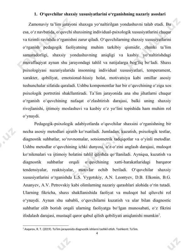 harakatlaridagi barqaror tendensiyalar, reaktsiyalar, motivlar ochib beriladi. o‘quvchilar shaxsiy xususiyatlarini o‘rganishda l.s. vygotskiy, a.n. leontyev, d.b. elkonin, b.g. ananyev, a.v. petrovskiy kabi olimlarning nazariy qarashlari alohida o‘rin tutadi. ularning fikricha, shaxs shakllanishida faoliyat va muloqot hal qiluvchi rol o‘ynaydi. aynan shu sababli, o‘quvchilarni kuzatish va ular bilan diagnostic suhbatlar olib borish orqali ularning faoliyatga bo‘lgan munosabati, o‘z fikrini ifodalash darajasi, mustaqil qaror qabul qilish qobiliyati aniqlanishi mumkin[footnoteref:2]. [2: asqarov, r. t. (2019). ta’lim jarayonida diagnostik ishlarni tashkil etish. toshkent: ta’lim.] shuningdek, zamonaviy pedagogikada o‘quvchi shaxsini o‘rganish faqatgina mavjud holatni tasvirlash emas, balki rivojlantirishga qaratilgan prognozlash faoliyati sifatida qaraladi. bu yondashuvda o‘quvchining salohiyatini ochish, uning kuchli va rivojlanishga muhtoj jihatlarini aniqlash hamda shaxsiylashtirilgan ta’lim strategiyasini ishlab chiqish muhim o‘rin tutadi. mazkur jarayon o‘qituvchidan pedagogik sezgirlik, kuzatuvchanlik, tahlil qilish ko‘nikmasi va o‘quvchi bilan ishonchli muloqotni yo‘lga qo‘yish qobiliyatini talab qiladi. zero, o‘quvchi shaxsiga e’tiborli yondashuv, uning o‘ziga bo‘lgan ishonchini oshiradi, o‘z-o‘zini anglash …