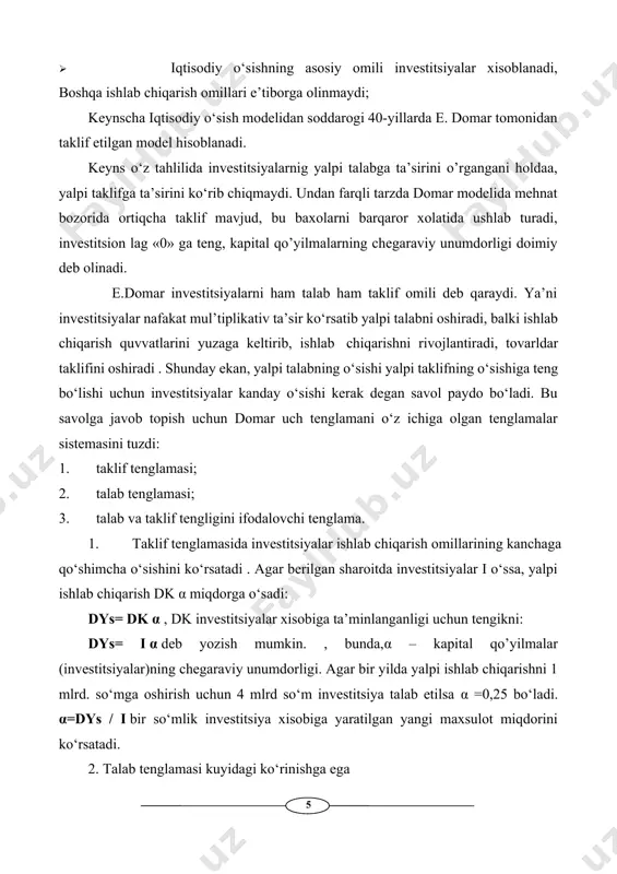 barqaror xolatida ushlab turadi, investitsion lag «0» ga teng, kapital qo’yilmalarning chegaraviy unumdorligi doimiy deb olinadi. e.domar investitsiyalarni ham talab ham taklif omili deb qaraydi. ya’ni investitsiyalar nafakat mul’tiplikativ ta’sir ko‘rsatib yalpi talabni oshiradi, balki ishlab chiqarish quvvatlarini yuzaga keltirib, ishlab chiqarishni rivojlantiradi, tovarldar taklifini oshiradi . shunday ekan, yalpi talabning o‘sishi yalpi taklifning o‘sishiga teng bo‘lishi uchun investitsiyalar kanday o‘sishi kerak degan savol paydo bo‘ladi. bu savolga javob topish uchun domar uch tenglamani o‘z ichiga olgan tenglamalar sistemasini tuzdi: 1. taklif tenglamasi; 2. talab tenglamasi; 3. talab va taklif tengligini ifodalovchi tenglama. 1. taklif tenglamasida investitsiyalar ishlab chiqarish omillarining kanchaga qo‘shimcha o‘sishini ko‘rsatadi . agar berilgan sharoitda investitsiyalar i o‘ssa, yalpi ishlab chiqarish dk α miqdorga o‘sadi: dys= dk α , dk investitsiyalar xisobiga ta’minlanganligi uchun tengikni: dys= i α deb yozish mumkin. , bunda,α – kapital qo’yilmalar (investitsiyalar)ning chegaraviy unumdorligi. agar bir yilda yalpi ishlab chiqarishni 1 mlrd. …