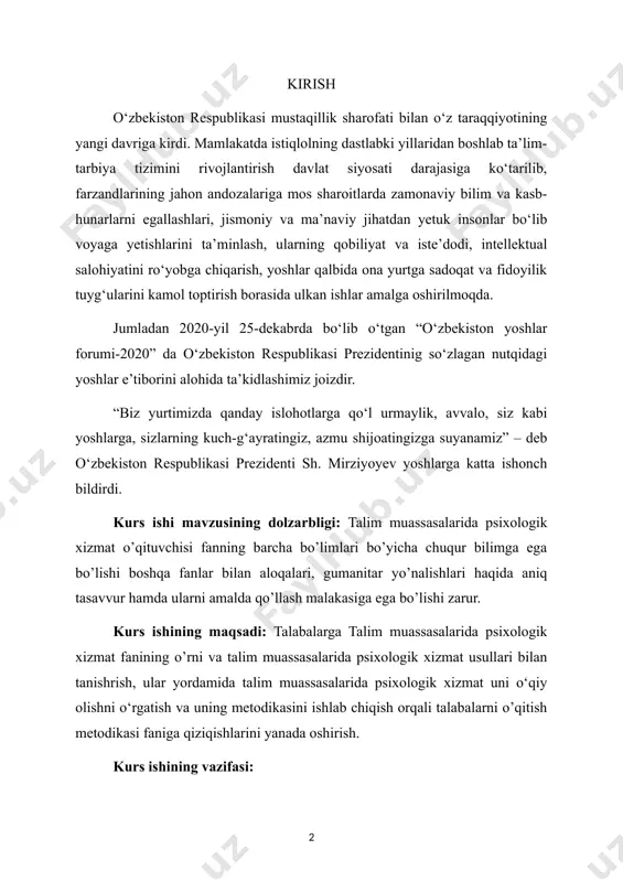 usullari bilan tanishrish, ular yordamida talim muassasalarida psixologik xizmat uni o‘qiy olishni o‘rgatish va uning metodikasini ishlab chiqish orqali talabalarni o’qitish metodikasi faniga qiziqishlarini yanada oshirish. kurs ishining vazifasi: bo’lajak talim muassasalarida psixologik xizmat o‘qituvchilarining – ta’lim soxasida psixologik xizmatni tashkil etishning tamoyillari va strukturasi bo‘yicha kasbiy tayyorgarligi tizimi mazmunining nazariy va amaliy holatini o‘rganish va tahlil qilish; talabalarga talim muassasalarida psixologik xizmat fanining o’rni va o’qitish usullari haqida tushunchalar berish va takomillashtirish; talabalarning mavzu yuzasidan bilim, ko‘nikma va malakasini shakllantirish; talabalarni zamonaviy pedagogik texnologiyalar asosida muammoli darslarni tashkil eta olish ko‘nikmasini shakllantirish. kurs ishining ob’yekti: oliy ta’lim tizimida talim muassasalarida psixologik xizmat bakalavriyat ta’lim yo‘nalishi talabalariga ta’lim berish jarayoni. kurs ishining predmeti: bo‘lajak talim muassasalarida psixologik xizmat o‘qituvchilarini tayyorlash bo‘yicha tahsil olayotgan talabalarning muhandislik grafikasi ilmini egallash jarayonidagi ta’lim mazmuni va texnologiyasi. kurs ishining tuzilishi va tarkibi: kurs ishi kirish, ikki bob, to’rt paragraf, xulosa va foydalanilgan adabiyotlar ro‘yxatidan …