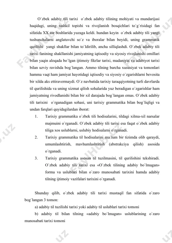 adabiy til tuzilishi tarixi yoki adabiy til uslublari tarixi tomoni b) adabiy til bilan tilning «adabiy bo`lmagan» uslublarining o`zaro munosabati tarixi tomoni v) adabiy tilning ijtimoiy vazifalari tarixi tomonining uzviy birligi asosida tashkil topadi. o`zaro bog`langan ana shu 3 soha o`zbek adabiy tili tarixi fani o`rganadigan mavzuni tashkil etadi. o`zbek adabiy tili tarixi fani o`rganiladigan til hodisalarining turli tomonlarini qamrab olish jihatidan ko`p qirralidir. bu esa ilmiy tekshirishning xilma-xil usullaridan (an`anaviy, tarixiy-qiyosiy tuzilmali) foydalanish imkoniyatini beradi. demak, o`zbek adabiy tili tarixi o`rganadigan soha bevosita o`zbek adabiy tilidir. turkiy urug` va qabilalar tillarning hususiyatlarini, ularning tarixi va lug`at boyligini o`rganishga bag`ishlangan «devoni lug`otit turk» asari o`z davrining iste`dodli olimi maxmud ibn xusayn ibn muhammadiy qoshg`ariy tomonidan 1072-83 yillarda arab tilida yozilgan. ko`pgina adabiyotlardan mahmud qoshg`ariy o`z asarini 1072-1073 yoki 1073-1074 yillarda yozib tugatgan deb ko`rsatiladi. ammo bu asarning hajmi unda bayon qilingan materiallarning miqyosi uni 1-2 yilda yozish mumkin emasligini ko`rsatadi. …