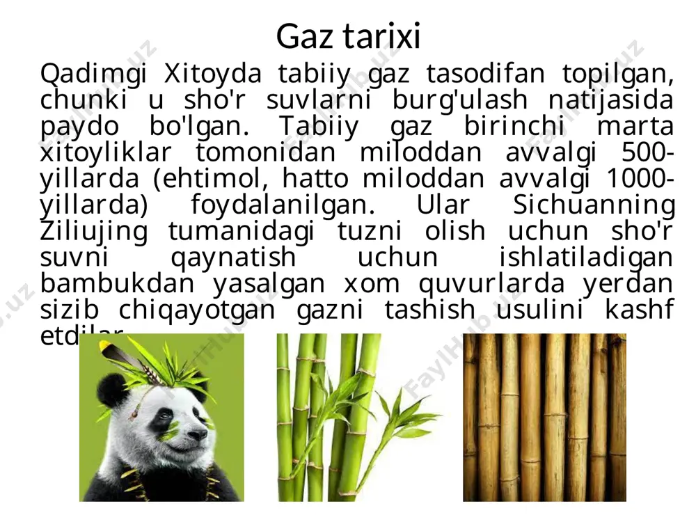iokimyoviy - termokatalitik - radiatsiya – kimyoviy mexanik – kimyoviy metamorfik - suyultirilgan gaz suyultirilgan gaz - tabiiy gazni chuqur qayta ishlash natijasida asosiy tarkibiy qismi propan-butan aralashmasidan iborat boʻlgan mahsulot boʻlib hisoblanadi. suyultirilgan gaz aholining kommunal ehtiyojlariga va avtomobillarga yoqilgʻi sifatida ishlatiladi. uning oʻrtacha zichligi 0,525 g/sm3 ni tashkil qiladi. dst 20448-90 bo’yicha kommunal-maishiy ehtiyojlar uchun mo’ljallangan suyultirilgan uglevodorodli gaz standarti. gazdan polimer materiallar – polietilen va polivinilxloridlar (pvx) olish mumkin. propan va butandan degidrogenlash yo’li bilan to’yinmagan uglevodorodlar – propilen, butilen va butadienlar olish mumkin. suyultirilgan neft-gazlarining xossalari yo’ldosh gazlar odatda neft tarkibida erigan holda bo’lgan va uni qazib olishda ajralib chiqadigan yo’ldosh gazlar ham tabiiy gazlar jumlasiga kiradi. yo’ldosh gazlar tarkibida metan kamroq, lekin etan, propan, butan va yuqori uglevodorodlar miqdori ko’proq bo’ladi. metan metan (kon gazi, botqoq gazi), ch4 — rangsiz, hidsiz gaz. mr. 16,04. suvda kam eriydi, etanol, efir, uglerod (iv)-xlorid va uglevodorodlarda eriydi. metan …