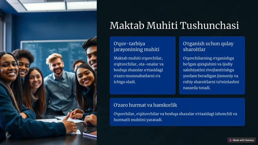 dirish uchun yangi dasturlar va faoliyatlar ishlab chiqildi. 3 oʻzgarishlarni amalga oshirish maktab muhitini yaxshilash boʻyicha oʻzgarishlar bosqichma-bosqich amalga oshirildi. 9 xulosa va tavsiyalar soʻrovnomalar maktab muhitini baholashda muhim vosita hisoblanadi. ular oʻquvchilarning fikrini bilish va oʻquv jarayonini yaxshilashga yordam beradi. 10 image1.png image2.png image3.png image4.png image5.png image6.png image7.png image8.png image9.png image10.png image11.png image12.png image13.png image14.png image15.png image16.png image17.png image18.png