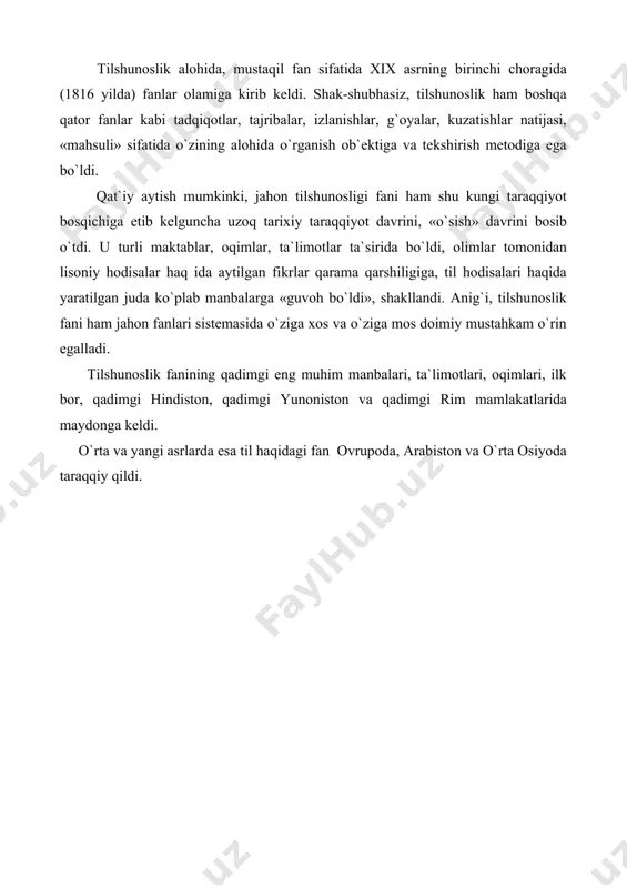 qadimgi yozma yodgorliklar tili (yozma nutq) bilan so`zlashuv tili (jonli nutq) orasida ajralish, nomoslik, «ziddiyat» yuzaga keldi. ushbu ziddiyatni, farqlanishni yo`qotish uchun hind olimlari qadimiy yozma yodgorliklar tilini o`rganishga, tadqiq qilishga, ularni ommaviylashtirishga jiddiy kirishdilar. ular qadimgi hindistonda alohida e`tiborga, hurmatga sazovor bo`lgan vedalardagi ma`nosi tushunarli bo`lmagan so`zlarni aniqlab, ularning ma`nosini izohladilar, sharhladilar. vedalar tiliga oid maxsus izohli lug`atlar tuzdilar, matnni fonetik va grammatik jihatdan tahlil qildilar. xullas, vedalar tilidagi so`z va jumlalar ma`nosini, ularning aniq talaffuzini, shaklini saqlab qolishga bo`lgan qat`iy intilish qadimgi hindistonda tilshunoslikning yuzaga kelishiga asosiy sabab bo`ldi. hindlar qadimiy davrda eng buyuk fonetikachi va gram-matikachi sifatida tanilganlar. ular fonetika sohasida yunonlardan ham oldin unli va undosh tovushlarni farq-laganlar, portlovchi va sirg`aluvchi, jarangli va jarangsiz to-vushlarni, tovush birikmalarini, bo`g`in, urg`u, intonaciya, cho`-ziqlik va qisqalik kabi fonetik hodisalarni, jarayonlarni bilganlar. shular yuzasidan mukammal ma`lumotlar qoldirganlar. qadimgi hind tilshunosligida fonema haqida ham muayyan tushunchalar bo`lgan. qadimgi hindlar so`zlarning faqat …
