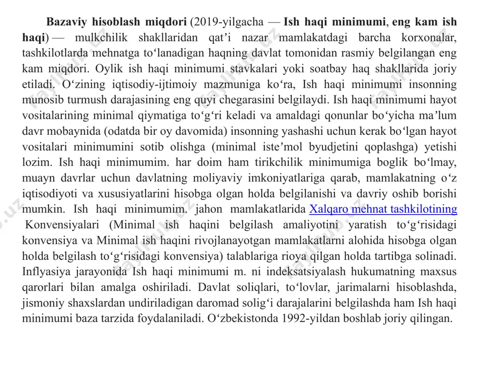 arajatlar — davlat budjeti hamda iqtisodiyot va moliya vazirligi huzuridagi budjetdan tashqari pensiya jamg‘armasi mablag‘lari hisobidan qoplanadi. 6. mazkur farmon talablarini bajarish uchun talab etiladigan qo‘shimcha mablag‘lar o‘zbekiston respublikasining respublika budjeti xarajatlarini oshirish hisobiga moliyalashtirilsin. ish beruvchilarga ish haqi miqdorini qonunchilik hujjatlarida belgilangan mehnatga haq to‘lashning eng kam miqdoridan kam bo‘lmagan holda to‘lashni ta’minlab, ish haqi miqdorini mehnatga haq to‘lashning eng kam miqdoriga muvofiq oshirish tavsiya etilsin. oʻzbekiston respublikasida shu vaqtgacha boʻlgan davrda eng kam ish haqi oʻsib borishi shkalasi касаба уюшмаларининг тадбиркорлар ва давлат билан муносабатлари.касаба уюшмалари қуйидаги йўллар орқали иш ҳақини оширишга эришиши мумкин 1. ишчи кучига бўлган талабни ошириш. касаба уюшмалар нуқтаи назаридан иш ҳақини оширишнинг энг қулай усули ишчи кучига бўлган талабни кенгайтириш ҳисобланади. ишчи кучига бўлган талабнинг ортиши натижасида иш ҳақи ставкаси ҳам, ишчи ўринлари сони ҳам ортади. касаба уюшмалари бу талабни белгиловчи бир ёки бир неча омилларни ўзгартириш йўли билан ишчи кучига бўлган талабни …