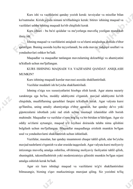 i moliyaviy intizomga muvofiq amalga oshirilsa, ob'ektning moliyaviy faoliyatini tahlil qilish, shuningdek, takomillashtirish yoki modernizatsiya qilinishi mumkin bo'lgan rejani amalga oshirish kerak bo'ladi. agar siz kurs ishidagi maqsad va vazifalarni to'g'ri shakllantirishni bilmasangiz, bizning o'quv markazimizga murojaat qiling. siz yozishni to'liq yozishingiz yoki uning shaxsiy qismlarini tayyorlashingiz mumkin. biz har doim sizga yordam beramiz! dars hujjatlarining maqsad va vazifalariga misollar: 1) amaliyot bilan psixologiya bo'yicha kurs ishlari kursning maqsadi - fuqaro nikoh erkaklari va ayollariga bo'lgan munosabatlarni o'rganish. maqsadga erishish uchun quyidagi vazifalar shakllantirildi: 1. fuqarolik erkaklari va ayollarga bo'lgan munosabatni o'rganish. 2. erkaklar va ayollarning xatti-harakatlarining shaxsiy fazilatlari va xususiyatlarini diagnostikasi. 3. erkaklar va ayollarning qiymat yo'nalishlarini o'rganish. 4. erkaklar va ayollar fe'l-atvorining ta'kidlashicha. 2) kurs ishi uchun maqsad va vazifalarning misoli ushbu kursning maqsadi - er mablag'larining huquqiy rejimini o'rganish. kurs ishlarining vazifalari 1. odam o'rmon fondining tarkibini hisobga oling va ko'rib chiqing; 2. o'rmon fondlarini muhofaza qilish …