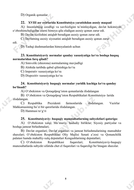 abatlar d) to‘g‘ri javob yo‘q 28. jahonda birinchi konstitutsiya qachon qaerda qabul qilingan? a) 1215 yil buyuk britaniyada b) 1791 yilda franstiyada c) 1787 yilda aqshda d) 1791 yilda polshada 29. prezidentimiz tashabbusi bilan 2000 yil qanday nomlandi? a) ayollar yili b) sog‘lom avlod yili c) inson manfaatlari yili d) qariyalar yili 30. konstitutsiyaning qaysi qismida o‘zbekiston xalqi insonparvar demokratik-xuquqiy davlat barpo etishni ko‘zlayotgani e’tirof etilgan? a) «asosiy prinsiplar» b) «jamiyat va shaxs» c) «muqaddima» d) «davlat hokimiyatining tashkil etilishi» 31. konstitutsiyaviy huquq huquq soxasi sifatida quyidagilarni o‘zida namoyon qiladi.... a) huquqiy normalar yig‘indisini. b) ijtimoiy munosabatlarning yig‘indisini. c) huquqiy aktlar yig‘indisini d) barcha huquq manbalarini yig‘indisini. 32. yevropada birinchi konstitutsiya qachon qabul kilingan? a) 1791 y. polshada b) 1791 y. franstiyada c) 1215 y. angliyada d) 1415 y. shotlandiyada 33. xotin-qizlar va erkaklarning teng huquqliligi konstitutsiyamizning qaysi moddasida belgilangan? a) 46-modda b) 56-modda c) 55-modda d) 45-modda 34. o‘zbekiston …