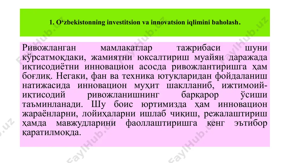бўлиб «қўйиш», «маблағни сафарбар этиш», «капитал қўйилмаси» маъносини беради. кенг маънода инвестиция маблағни кўпайтириб ва қайтариб олиш мақсадида капитални сафарбар этишни билдиради. кўпгина ҳолларда «инвестиция» тушунчаси иқтисодий ва бошқа фаолият объектларига киритиладиган моддий ва номоддий неъматлар ҳамда уларга доир ҳуқуқлар тарзида таърифланади. “investitsiya – bu mulk shaklidan qat’iy nazar, tadbirkorlik asosida faoliyat ko‘rsatayotgan jismoniy va yuridik shaxslar yoki davlatning iqtisodiy va ijtimoiy samara olish maqsadida o‘z boyliklarini qonun doirasida bo‘lgan har qanday tadbirkorlik obyektiga sarflashidir”. haydarov n.h. iqtisodiyotni erkinlashtirish sharoitida korxonalar investitsion faoliyatidagi moliya-soliq munosabatlarini takomillashtirish masalalari. i.f.d ilmiy darajasini olish uchun yozilgan dissertatsiya. / t.: 2003. 29 b. investitsiyalarni moliyaviy investitsiyalar va real investitsiyalar ko‘rinishidagi ikkita katta guruhga ajratish mumkin. moliyaviy investitsiyalar qimmatbaho qog‘ozlar, aksiya va obligatsiyalar sotib olish, pul mablag‘larini banklarga foiz olish maqsadida depozit hisob raqamlariga qo‘yish bilan ifodalanadi. real investitsiyalar o‘z navbatida moddiy va nomoddiy turlariga bo‘linadi. real investitsiyalar mo‘ljallangan obyektiga ko‘ra kapital, innovatsiya va ijtimoiy …