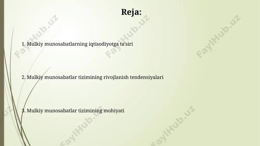 asosiy xususiyati - uning ayirboshlanuvchanligi va meros qilib qoldirilishidir, bu esa kapital to'planishi va iqtisodiy o'sish uchun muhim omil hisoblanadi. mulkiy munosabatlarning iqtisodiyotga ta'siri mulkiy munosabatlarning aniq shakli iqtisodiy o‘sish sur’atlariga sezilarli ta’sir ko‘rsatadi: masalan, xususiy mulk 30% gacha yuqori o‘sishni ta’minlashi mumkin, davlat mulki esa 10% atrofida bo‘ladi. mulkiy munosabatlarning samaradorligi iqtisodiyotdagi korrupsiya darajasiga bevosita bog‘liq: korrupsiya yuqori bo‘lgan davlatlarda samaradorlik koeffitsiyenti 2-3 baravar past bo‘ladi. mulkiy munosabatlar tizimining mohiyati mulkiy munosabatlar tizimi iqtisodiyotning 3 asosiy omilini – yer, kapital va mehnatni egalik qilish, tasarruf etish va foydalanish usullarini belgilaydi. huquqiy me'yorlar orqali tartibga solinadigan mulkiy munosabatlar tizimi 2 xil asosiy shaklga bo'linadi: davlat mulki va xususiy mulk. e'tiboringiz uchun rahmat @taqdimot_robot image1.jpg image2.jpg image3.jpg image4.jpg image5.jpg image6.jpg image7.jpg