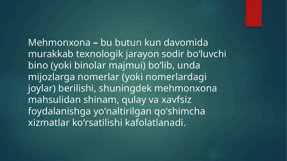 shimcha xizmatlarni ko‘rsatish orqali mehmonxonaning iqtisodiy samaradorligi oshadi, ya’ni xizmatlar sotishdan yaxshi foyda keladi. bunda mehmonxonaga tashrif buyuradigan mijozlar uchun yangi xizmat turlarini tashkil qilish, ularning talabini o‘rganish, marketing tadqiqotlarini o‘tkazish orqali mehmonxonaning kelajakdagi imkoniyatlarini oshirish mumkin. “lyabi house” mehmonxonasida ko’rsatiladigan bir qator qo’shimcha xizmatlarni rivojlantirish zarur. jumladan, suviner do‘koni xizmati, mahalliy aholiga to‘y banket va bazmlar uchun restoran xizmatlari ijarasi, massajxonasi xizmati, konserj xizmati kabilar shular jumlasidandir. yuqorida keltirilgan barcha ma’lumotlarni tahlil qiladigan bo‘lsak, kelgusida “lyabi house” mehmonxonasi faoliyatini yanada takomillashtirish va turistlarga yangi xizmat turlarini taklif etishning keng imkoniyatlari mavjud ekanligi namoyon bo‘ladi. bu borada ushbu mehmonxonada mavjud asosiy va qo‘shimcha xizmatlarni takomillashtirish shu bilan birga yangi xizmat turlarini tashkil etish yuzasidan quyidagicha takliflarni berishim mumkin: mehmonlar bo’sh vaqtlarini mazmunli o’tkazishlari uchun mehmonxonaning o’zida turli animatsion dasturlar, shoular tashkil qilish; mehmonxona restoranida ovqatlanishni tashkil etishda buxoro milliy qo’shiqchilik, raqs sa’nati va folklor guruhlarining chiqishlarini ko’proq tashkillashtirish; mehmonxona binosining …