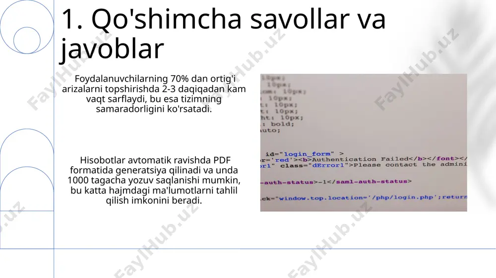 r soni, rad etilgan arizalar sabablari) va ularning grafik tasvirini o'z ichiga oladi. hisobot tarkibi mbbtga kirish arizalarining 1500 tagacha bo'lgan namunalarini, ularning holatini (tasdiqlangan/rad etilgan) va qayta ishlash vaqtlari (o'rtacha 3 kun) kabi ma'lumotlarni o'z ichiga olishi mumkin. 11.qaror qabul qilish qaror qabul qilish jarayoni o'rtacha 3-5 ish kunini oladi va 10 dan ortiq mezonlarni hisobga oladi, shu jumladan ariza to'liqligi va hujjatlarning mosligi. mbbt kirish arizalarini ko'rib chiqishda kamida 2 nafar mutaxassis ishtirok etadi va ularning fikri 7 kun ichida qaror qabul qilinishiga ta'sir qiladi. 12.ma'lumotlarni tekshirish real vaqt rejimida ma'lumotlarni tekshirish tizimi, o'rtacha 5 soniyada 500 ta parametrni tahlil qilib, xatoliklarni darhol aniqlash imkonini beradi. ma'lumotlar bazasidagi 20 ta turli xil manbadan olingan ma'lumotlarning mosligi va bir-biriga mos kelishini tekshirish jarayoni, ko'p bosqichli tekshiruv algoritmlaridan foydalanish orqali amalga oshiriladi. e'tiboringiz uchun rahmat @taqdimot_robot image1.png image2.jpg image3.jpg image4.jpg image5.jpg image6.jpg image7.jpg image8.jpg image9.jpg image10.jpg image11.jpg image12.jpg image13.jpg