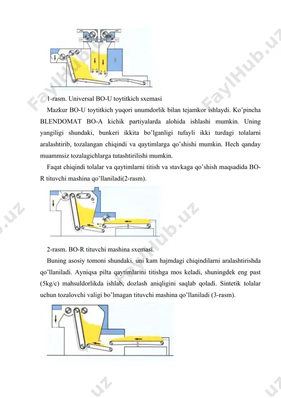 ga qarab yangi toylar qo’shib turiladi. har ikkala holatning afzallik va kamchiliklari mavjudligiga qaramay ularning asosiy yangiligi titilganlik darajasining yuqoriligi hamda stavka toylarining ikki qator qilib joylashtirishdir. ma‟lumki, avtotitkichning asosiy ishchi organi ilgarilama-qaytma haraktlanuvchi mashina minorasida joylashgan tituvchi valigidir. uskunani tayyorlaydigan firmaga qarab, tituvchi valik bitta (unifloc a11) yoki ikkita (blendomat bo-a) bo’lishi mumkin. unifloc a11 ning tituvchi valigi ikkala yo’nalishda titadigan universal tishli disklar bilan jihozlangan bo’lsa (4-rasm), 4-rasm. unifloc 11 avtotitkichning ishchi valigi blendomat bo-a avtotitkichidagi ikkita tituvchi valikning har biri faqat bitta yo’nalishda ishlaydigan tishlar bilan jihozlangan (5-rasm). 5-rasm. blendomat bo-a avtotitkichi sxemasi ishchi valiklar minoraning harakat yo’nalishiga qarab, navbatma navbat ishlaydi. minora chapdan o’ngga harakatlanganda o’ng valik, minora o’ngdan chapga harakatanganda chap valik ishlashi 6-rasmda ko’rsatilgan. 6-rasm. minora harakatiga mos ravishda tituvchi valiklar ishlashi titilganlik darajasi bir xilligini ta‟minlash maqsadida minorada bosuvchi valiklar va orasida tituvchi valik tishlari harakatlanadigan panjara o’rnatilgan. bosuvchi valiklar panjara bilan birgalikda …
