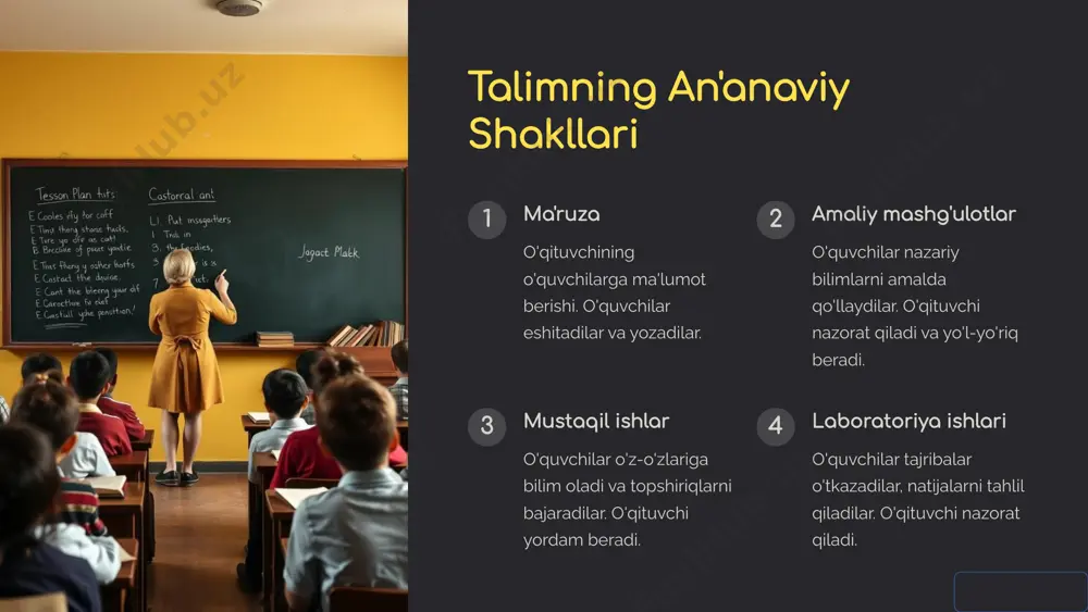 ichiga oladi. internet talabalar global ma'lumotlarga kirishlari mumkin. eng so'nggi yangiliklar, tadqiqotlar va resurslarga kirish imkoniyati. mobil qurilmalar o'quvchilar o'quv materiallariga har qanday joydan kirishlari mumkin. har doim o'rganishga tayyor bo'lishlari mumkin. 5 talimning shakllantiruvchi shakllari va vositalari orasidagi farqlar shakllar vositalar ta'lim jarayoni tashkil etilishining usuli ta'lim jarayonida ishlatiladigan vositalar misol: ma'ruza, amaliy mashg'ulotlar, loyiha asosidagi talim misol: darsliklar, kompyuterlar, multimedia, mobil qurilmalar 6 talimning shakllantiruvchi shakllari va vositalarining afzalliklari keng qamrovli ko'p o'quvchilarga bir vaqtning o'zida bilim berish imkoniyatini beradi. o'quvchilarning turli xil ehtiyojlarini qondirishga yordam beradi. innovativ o'quv jarayonini qiziqarli va interaktiv qiladi. talabalarning e'tiborini jalb qilish va ularning faolligini oshirishga yordam beradi. samarali o'quvchilarning bilimlarini chuqurroq tushunishini ta'minlaydi. o'rganishni tezlashtiradi. arzon ba'zi zamonaviy vositalar an'anaviy vositalarga nisbatan arzonroqdir. o'quv jarayonini arzonlashtirishga yordam beradi. 7 talimning shakllantiruvchi shakllari va vositalarining kamchiliklari 1 cheklangan individualizatsiya har bir talabaning ehtiyojlarini to'liq qondirish qiyin. barcha talabalar uchun bir xil uslublar …