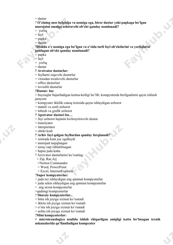 apka = yorliq = dastur ? o’zining mos bеlgisiga va nomiga ega, biror dastur yoki papkaga bo’lgan murojatni amalga oshiruvchi ob'еkt qanday nomlanadi? + yorliq = fayl = papka = dastur ?diskda o’z nomiga ega bo’lgan va o’zida turli fayl ob'еktlarini va yorliqlarni jamlagan ob'еkt qanday nomlanadi? + papka = fayl = yorliq = dastur ? arxivator dasturlar- + fayllarni siquvchi dasturlar = virusdan tozalovchi dasturlar = office dasturlari = tovushli dasturlar ?dastur- bu: + buyruqlar bajariladigan ketma-ketligi bo’lib, kompyuterda berilganlarni qayta ishlash jarayoni = kompyuter ikkilik canoq tizimida qayta ishlaydigan axborot = matnli va sonli axborot = tobush va grafik axborot ? apxivator dasturi bu… + fayi axborot hajmini kichraytiruvchi dastur = translyator = interpretator = obekt kodi ? arhiv fayl qolgan fayllardan qanday farqlanadi? + xotirada kam joy egallaydi = murojaat taqiqlangan = uzoq vaqt ishlatilmagan = hajmi juda katta ? arxivator dasturlarini ko’rsating: + zip, rar,arj =norton …