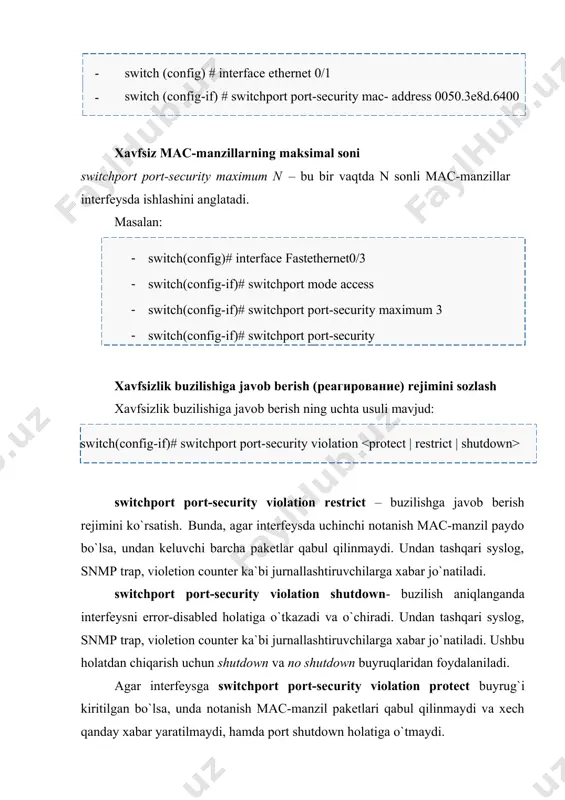 nfiguration commands, one per line. end with cntl/z. orzimurod-s1(config)#interface range fastethernet 0/5-24 portda secure-mac maksimal soni n ni ko`rsatish (bu buyruq sw2 kommutatorga tavsiya etiladi) switch>enable switch#conf t enter configuration commands, one per line. end with cntl/z. switch(config)#hostname orzimurod-s2 orzimurod-s2(config)#interface fa0/4 orzimurod-s2(config-if)# switchport mode trunk orzimurod-s2(config-if)# %lineproto-5-updown: line protocol on interface fastethernet0/4, changed state to down %lineproto-5-updown: line protocol on interface fastethernet0/4, changed state to up orzimurod-s2(config-if)# switchport mode trunk orzimurod-s2(config-if)#switchport port-security violation restrict orzimurod-s2(config-if)# 1. natijani tekshirish orzimurod-s1#show port-security interface fa 0/1 2. sozlamalarni saqlash switch#copy running-config startup-config image6.png image7.png image8.png image9.png image10.png image1.jpeg image2.png image3.png image4.jpeg image5.png