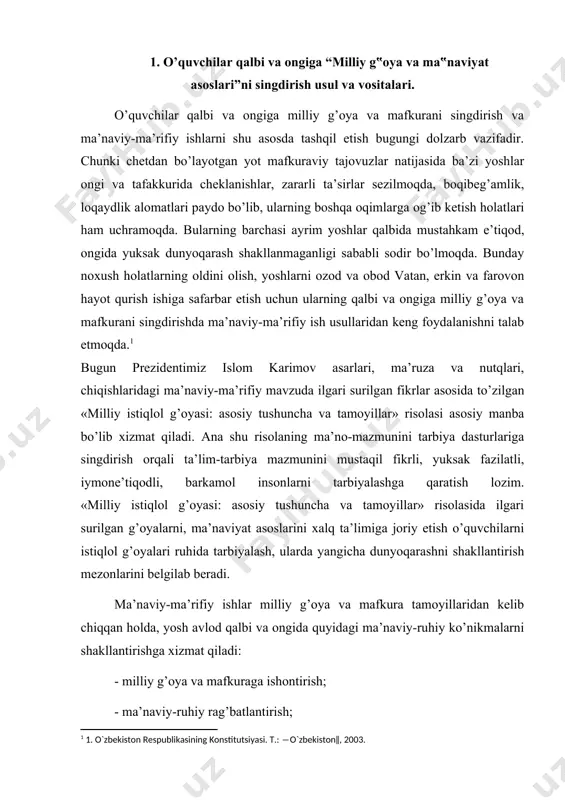 va umuminsoniy qadriyatlar, xalqimizning boy tarixiy, madaniy va ma’naviy merosi asosida o’quvchilarda vatanparvarlik, mehnatsevarlik, insonparvarlik, iymon-e’tiqod, mehr-shafqatlilik kabi insoniy fazilatlarni shakllantirish; - o’quvchilarni vatanga muhabbat, o’zbekiston respublikasi prezidenti, konstitustiyasi va davlat ramzlariga amaliy sadoqat ruhida tarbiyalash; - ma’naviy, aqliy, jismoniy barkamollik, iqtisodiy, huquqiy savodxonlik, mehnatsevarlik, iste’dodli yoshlarni aniqlash va tarbiyalash. «oila, mahalla, maktab» konstepstiyasini hayotga tatbiq etish; - yoshlarimiz ongida ona-vatanga, buyuk ajdodlarimiz merosi va xalqimizning bugungi bunyodkorlik ishlariga yuksak ehtirom tuyg’ularini singdirib borish; - tarixiy yodgorliklar va mustaqillik davrida bunyod etilgan ma’rifat maskanlari, muzeylar, ko’rgazmalarga ekskursiya va sayohatlar tashqil etish; - ota-onalarni ta’lim muassasalariga taklif etish, hokimiyat qoshidagi voyaga etmaganlar bilan ishlovchi komissiyalar ishida, korxonalardagi maktab hamkorlik kengashlarida, bola ta’lim-tarbiyasi bilan bog’liq bo’lgan yig’ilishlarda, tarbiyaviy tadbirlarda qatnashish; - xalqaro terrorizm, diniy ekstremizmning reakstion mohiyatini keng tushuntirish, ularning yoshlarga ta’sirining oldini olish bo’yicha chora-tadbirlar ishlab chiqish hamda uni hayotga tatbiq etish; - respublikamizda yashovchi turli xalq va millatlar vaqillari o’rtasida …