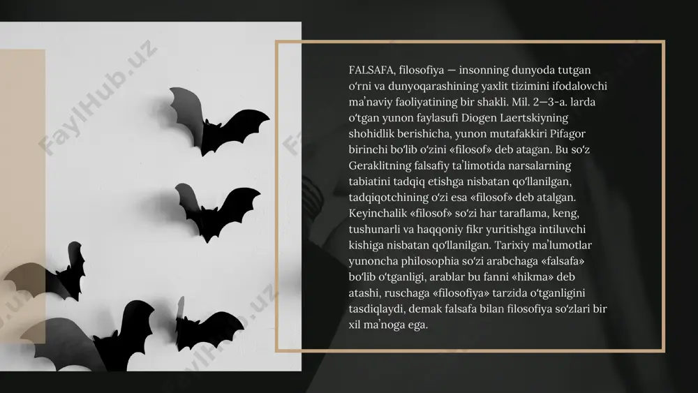 falasafaning asosidir! har kimning o‘z falsafasi mavjud va kishilar uni o‘z qarashlariga asosan o‘z qarichlarida o‘lchaydilar... falsafaning faol fikrlari falsafa bekon va r. dekart f. ni «tushunchalar shakliga burkangan yaxlit, yagona fan» deb hisoblashgan. x. volf f. ni «barcha mumkin narsalar va ularning qay maʼnoda va nega mumkinligi haqidagi fan» desa, kant f. ga «dunyoni qanday tushunish haqidagi, butun bilishning inson aqlining tub maqsadlariga munosabati haqidagi fan» sifatida yondashishni taklif etadi. fixte f. ga «qalb maʼrifati, maʼnaviy maʼrifat» deb baho bergan boʻlsa, shelling voqelikning butun kulami va teranligini oʻz tajribasiga kura bilib olishni falsafa deb hisoblangan. gegel predmetlarni fikran qarab chiqishni falsafa deb atab, unga «oʻzoʻziga ergashuvchi aql xaqidagi fan» sifatida taʼrif bergan. shopengauer dunyoning butun mohiyatini abstrakt, yalpi umumiy va ravon shakldagi tushunchalarda ifodalash falsafaning asosiy vazifasi deb bildi. falsafa tarmoqlari: falsafaning tarkibiy qismlariga bilish nazariyasi (gnoseologiya), metafizika (ontologiya, kosmologiya, falsafiy antropologiya, mavjudlik falsafasi, teologiya), mantik, etika, estetika, huquq …