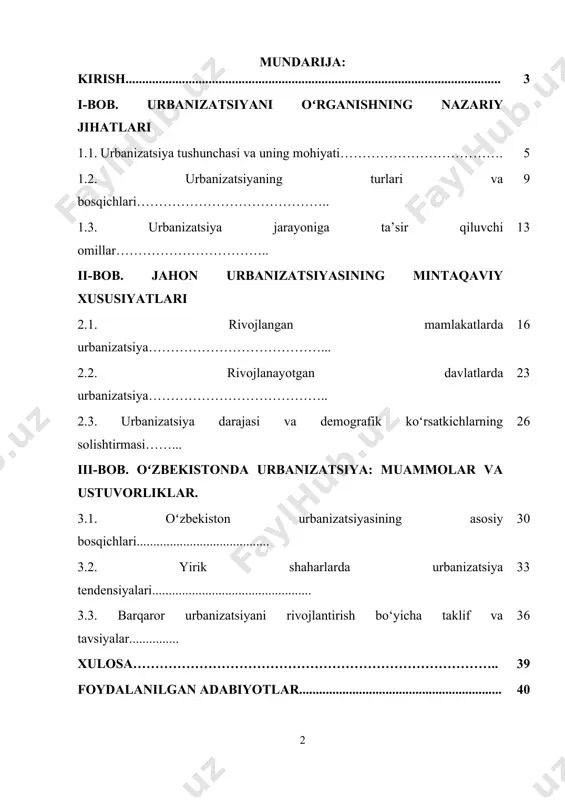 ing mintaqaviy xususiyatlari har bir davlatning o‘ziga xos ijtimoiy-iqtisodiy sharoitlariga bog‘liq. rivojlangan mamlakatlar va rivojlanayotgan mamlakatlar o‘rtasidagi urbanizatsiya darajasi va strukturasidagi farqlarni o‘rganish, bu jarayonning dunyo miqyosida qanday rivojlanishini tushunish uchun zarurdir. o‘zbekiston uchun ham urbanizatsiya jarayoni ayniqsa muhim ahamiyat kasb etadi. o‘zbekistonning urbanizatsiya darajasi va rivojlanish tendensiyalari so‘nggi yillarda diqqatga sazovor o‘zgarishlarga uchragan. ayniqsa, yirik shaharlarda aholining ko‘payishi, sanoat va xizmatlar sohasining rivojlanishi, shuningdek, ichki va tashqi migratsiya jarayonlari yangi ijtimoiy va iqtisodiy muammolarni keltirib chiqarmoqda. bularning barchasi o‘zbekiston urbanizatsiyasining barqaror rivojlanishini ta’minlash zaruratini yanada oshirmoqda. prezident shavkat mirziyoyevning so‘nggi yillarda urbanizatsiya va shaharlarda yashash sharoitlarini yaxshilash borasidagi qarorlari ham juda muhimdir. masalan, 2020-yil 6-mayda imzolangan “o‘zbekiston respublikasida barqaror urbanizatsiyani rivojlantirishga doir davlat siyosatini takomillashtirish chora-tadbirlari to‘g‘risida”gi farmoni shaharsozlik va urbanizatsiya jarayonlarini yanada samarali boshqarishga qaratilgan yangi yondashuvlarni ishlab chiqish, shahar infratuzilmasini yaxshilash va barqaror rivojlanishni ta’minlash maqsadida qabul qilindi. ushbu farmon orqali davlat, iqtisodiyot va ijtimoiy sohalarda urbanizatsiyaning …