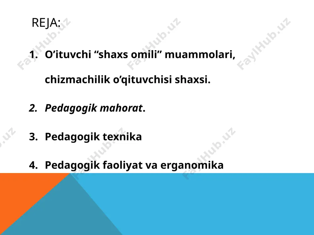 a, mehnatning har xilligi, mustaqillik, kasbiy rivojlanib (o ‘sib) borish, bajarayotgan ishi muhimligini anglash kabilar o’qituvchi faoliyatining haqiqiy sababiaridan hisoblanadi. 0‘qituvchi mehnatining eng muhim afzalliklaridan biri, uning hamkasblari, o ‘quvchilar va ota-onalar, ya’ni ijtimoiy aloqalarga boyligi hisoblanadi. pedagogika oliy o‘quv yurtlarida ta’lim olayotgan talabalaming aksariyati pedagog kasbiga qiziqishi yoki pedagogik faoliyatga moyilligi borligi aniqlangan. pedagogik mahorat - bolalarni sevuvchi va o‘z qiziqishi bo‘yicha ishlayotgan har bir o‘qituvchi egallashi mumkin bo‘igan yuqori va doimo takomillashib boruvchi ta ’lim va tarbiya san’atldir. 0‘z ishining ustasi bolgan pedagog bu - yuqori madaniyatli mutaxassis; fanni chuqur biladigan; fanning mos sohalaridan yaxshi xauardor; umuman, ayniqsa bolalar psixologiyasi muammolarini amaliy tahlil qila oladigan; o‘qitish va tarbiya metodikalarini mukammal egallagan shaxsdir. ta’lim jarayonidagi individual-psixologik farqlami o ‘rganishda usta pedagog bo'lishga intilishning sabablari bilan birgalikda u yoki bu o‘quvchiga mos aqliy faoliyat darajasini ham hisobga oladi. pedagogik odob - pedagog tomonidan faoliyatning turli sohalarida muomala prinsiplariga amal qilinishi, …