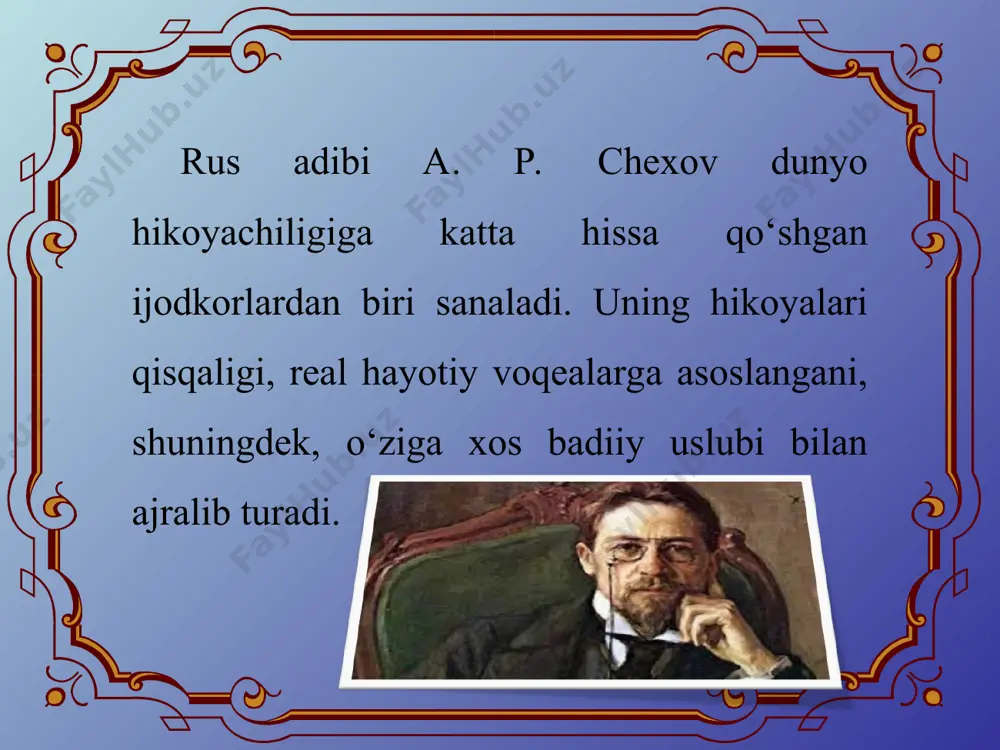 yashamoq – o‘limdan afzalroq» degan fikrini isbotlash va garovga qo‘yilgan pul uchun o‘zini o‘n besh yillik hibsga mahkum etgan yosh huquqshunos qirq yoshga yetganida hayot mazmunni o‘zicha, o‘z qarichi bilan o‘lchab ko‘radi. ma’lum bir xulosalarga keladi. shu xulosalarini mahbus qog‘ozga tushiradi. bankir qamoqxonaga kirib, ozib-to‘zib qolgan va pinakka ketgan mahbus yonida shu maktubni ko‘radi. bu mulohazalari davomida bir necha marta kitoblarni tilga olib: «endi kamina o‘zimni sizlar ning barchangizdan har jihatdan komil va yetuk ekanligimga ishonch hosil qilmoqdaman...» – deb ta’kidlaydi. dunyoning noz-u ne’matlarini o‘tkinchi sanaydi, faqat mol-dunyogina insonni baxtli-saodatli qilmasligini anglab yetadi. shuning uchun puldan ixtiyoriy ravishda voz kechadi; o‘z xohishiga ko‘ra oxirgi muddatda qamoqxonadan atayin qochib, garov shartini buzadi. huquqshunos yozgan maktub bankirga ham ta’sir ko‘rsatadi; u o‘zidan o‘zi nafratlanadi. a. p. chexovning ushbu «garov» hikoyasi inson umri, erkin hayot, mutolaa, kitobning foydasi, olingan ilmning hayotga tatbiqi, kamolotning darajasi va boshqa hayotiy masalalar haqida fikrlashga undaydi. ayni damda, …