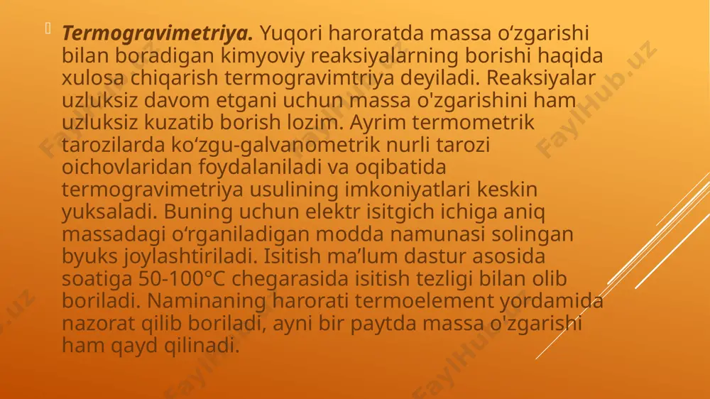 oki ajralishi ekzotermik yoki endotermik jarayon cho‘qqilari sifatida qayd qilinadi qayd qilingan harorat cho‘qqilari moddaning sifat o‘zgarishlariga mos keladi. olingan cho‘qqilaming yuzalari issiqlik miqdori omchamini bildiradi va reaksiyaga kirishuvchi modda yoki analiz qilinadigan modda komponentlarining miqdoriy birligini aniqlaydi. ammo hosil bo‘lgan bu egri chiziqlardan foydalanish ancha qiyin, chunki moddaga issiqlik berish usuli shu cho‘qqilaming shakli va o‘miga katta ta’sir etadi. bulardan kelib chiqadigan asosiy xulosa: namunalardan olingan dta natijalarini solishtirish uchun bu diagrammalar faqat bitta uskunada, ayni bir xil harorat va uning chiziqli o‘zgarish tezligi doimiyligiga rioya qilib olinishi lozim. image1.jpg image2.jpg image3.jpg image4.jpg /docprops/thumbnail.jpeg