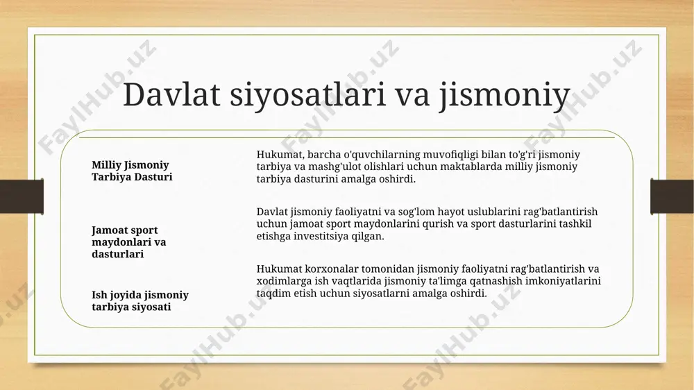 o'yinlari tanitiladi. maktab idishlarini va bog'chalarni yangilash, sifatli sport inventariga kirish berish va jismoniy faoliyat uchun xavfsiz va qiziqtiradigan joylar yaratish. o'qitish ko'nikmalarini rivojlantirish, mentorlik dasturlari va resurslarni takomillashtirish uchun kasbiy rivojlanish imkoniyatlarini taqdim etish va hayot davomida jismoniy bilimlarni rivojl o'zbekistonda jismoniy tarbiya uchun kelajakdagi ko'rsatkichlar modern jismoniy tarbiya darsliklarining amalga oshirilishi o'zbekistonda jismoniy tarbiyaning kelajagi ko'rsatkichi, yog', marshal san'ati va jamoa sportlari kabi murakkab jismoniy faoliyatlar bo'yicha fokuslangan zamonaviy dasturlar amalga oshirilishini o'z ichiga oladi. jismoniy tarbiya tizimida texnologiyalarni integratsiyalash texnologiyalar integratsiyasi, masalan, kiyinishga moslashtiriladigan fitnes trekerlari va virtual realitet simulatsiyalari, o'zbekistonda jismoniy tarbiya darslarida o'quv tajribasini va qatnashishni oshiradi. sog'liqni saqlashga e'tibor qaratishga aks etish o'zbekiston jismoniy tarbiyaning kelajagi, oziq-ovqat ta'limi, ruhiy salomatlik va jismoniy faoliyatni darslikning bir qismi sifatida qo'llab-quvvatlashni ustav qiladi. jismoniy tarbiya roli milliy sog'lik va fitnesda jismoniy tarbiya tizimida suhbatning sog'liqni saqlashdagi ahamiyati suzishni kamaytirish va kronik kasalliklarni kamaytirishda jismoniy tarbiyaning ta'siri jismoniy …
