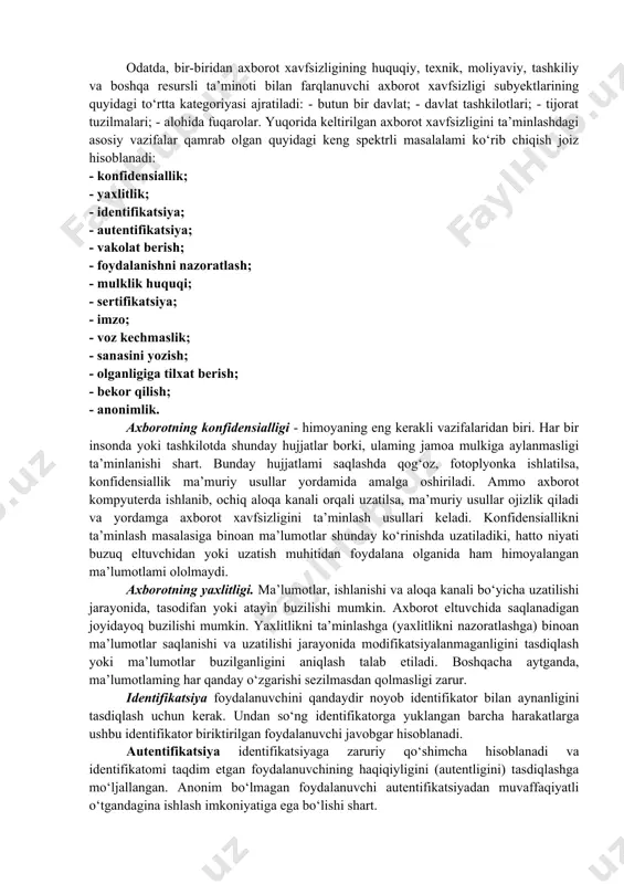 ta’minlash sohasidagi o‘zbekiston respublikasining xalqaro shartnomalari tashkil etadi. o‘zbekiston respublikasining harbiy xavfsizligini ta’minlashga rahbarlik qurolli kuchlarning oliy bosh qo‘mondoni hisoblanuvchi o‘zbekiston respublikasi prezidenti tomonidan amalga oshiriladi. chegaraviy xavfsizlik - o‘zbekiston respublikasi davlat chegarasi va chegara oldi hududlarining himoyalanganlik holati. chegaraviy xavfsizlik shaxs, jamiyat va davlat xavfsizligining juda muhim tashkil etuvchilaridan bin hisoblanadi, chunki davlat barqarorligi uning chegaralarining xavfsizligi bilan uzviy bog‘- langan. chegara xavfsizligini ta’minlash zaruriyati davlat chegarasi va chegara oldi hududlarda yuzaga kelgan tahdidlar tizimiga asoslangan. ekologik xavfsizlik. sivilizatsiyaning atrof - muhitga faol ta’siri natijasida uning ifloslanishi yildan-yilga oshib bormoqda. ushbu salbiy ta’sir ayniqsa ekologik halokat joylarda, mineral resurslardan va ishlab chiqarishning zararli chiqindilaridan oqilona foydalanilmaydigan joylarda kuchli bo‘ladi. 2. axborotning muximlik darajasi qadim zamonlardan ma’lum. shuning uchun xam qadimda axborotni himoyalash uchun turli xil usullar qo’llanilgan. ulardan biri – sirli yozuvdir. undagi xabarni xabar yuborilgan manzil egasidan boshqa shaxs o’qiy olmagan. asrlar davomida bu san’at – sirli yozuv …