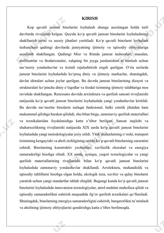 tizimlari, xavfsizlik xodimlari va boshqa nazorat tizimlari o‘rnatilishi zarur. binoda kirish va chiqish nuqtalari har doim nazoratda bo‘lishi kerak, bu esa xavfsizlikni ta'minlashga yordam beradi. binoda toza va salomatlikka ta'sir qilmaydigan sharoitlarni yaratish ham muhim. binoda havoni tozalash tizimlari yaxshi ishlashi, havoning harakati va sifatini nazorat qilish zarur. shuningdek, sanitariya va gigiena qoidalariga rioya qilinishi, toza suv va ventilyatsiya tizimlari mavjud bo‘lishi kerak. toza va qurilishi sifatli, ergonomik jihozlar jamoat binosida har bir foydalanuvchi uchun qulaylik yaratadi. jamoat binosining qulayligi, xavfsizligi va salomatlikni ta'minlash uchun yuqoridagi barcha talablarga e'tibor qaratish zarur. bino foydalanuvchilarining ehtiyojlariga mos sharoitlar yaratish va har bir yo‘lni tekshirib chiqish juda muhim. jamoat binosining xavfsizlik va qulaylik standartlariga mos kelishini ta'minlash uchun bir qancha asosiy talablar mavjud. birinchidan, yong'inga qarshi himoya tizimi juda muhim. bino ichida yong'inga qarshi signalizatsiya tizimi, xavfsizlik chiqish yo'llari va yong'inni tezda o'chirish uchun kerakli uskunalar bo'lishi kerak. har bir xona va koridorda …