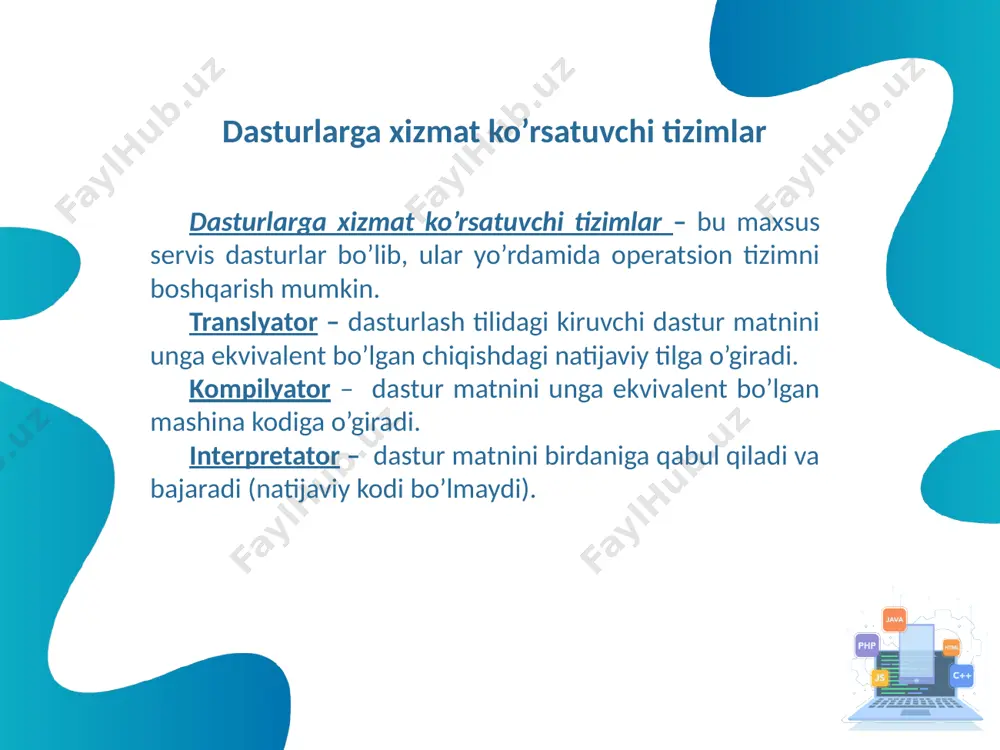 amaraligi tufayli bu til butun dunyoga tez tarqaldi. hozirgi paytda barcha hisoblash mashinalari, xususan, mikro ehmlar ham shu tilda ishlash imkoniyatiga ega. dasturlar matnining toʼgʼriligini osonlik bilan tekshirish mumkinligini, ularning maʼnosi yaqqol koʼzga tashlanishi va oddiyligi bilan ajralib turadi. pascal dasturlash tilining alifbosi deb, shu tilda maʼlumotlarni ifodalash va dasturlar yozish jarayonida kompilyator tomonidan qabul qilishga ruxsat berilgan belgilar yoki maxsus belgilardan iborat boʼlgan zanjirlar toʼplamiga aytiladi. pascal tili delphi - dasturlash tili borland firmasi tomonidan ishlab chiqarilgan. delphi dasturlash tili avvaldan borland delphi paketi tarkibiga kiritilgan. shu bilan bir qatorda 2003-yildan hozirgacha qoʼllanilayotgan shu nomga ega bo’lgan. delphi — object pascal tilining bir qancha kengaytirishlar va toʼldirishlar orqali kelib chiqqan boʼlib, u obʼyektga yoʼnaltirilgan dasturlash tili hisoblanadi. c# dasturlash tili (si sharp - deb talaffuz qilinadi)-obʼektga yoʼnaltirilgan, havfsiz va ishonchli ilovalarni yaratishga mo’ljallangan dasturlash tili. u 2000 yilda microsoft tomonidan. net tashabbusi doirasida ishlab chiqilgan. java dasturlash tili - …