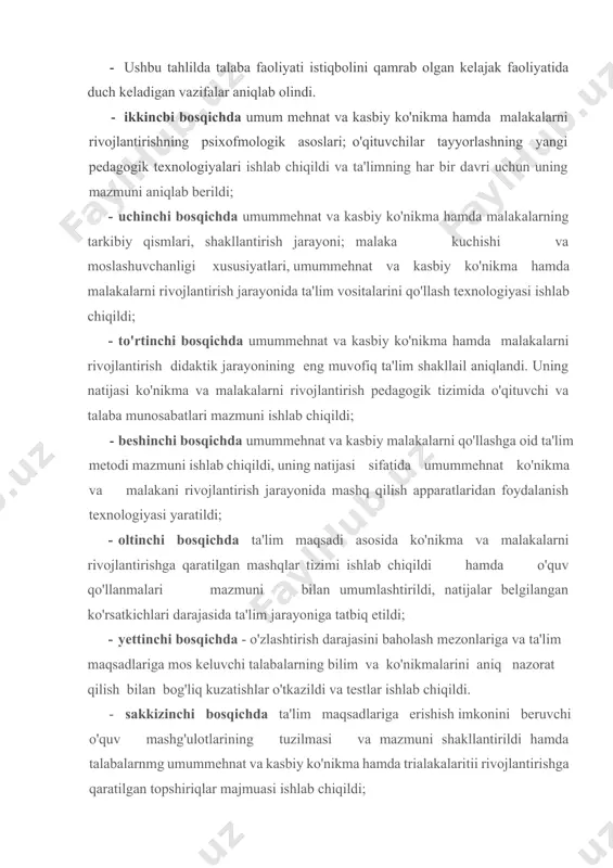 'lim maqsadlariga erishish imkonini beruvchi o'quv mashg'ulotlarining tuzilmasi va mazmuni shakllantirildi hamda talabalarnmg umummehnat va kasbiy ko'nikma hamda trialakalaritii rivojlantirishga qaratilgan topshiriqlar majmuasi ishlab chiqildi; - to'qqizinchi bosqichda umummehnat va kasbiy ko'nikma hamda malakalarni rivojlanganlik darajasini baholashning ko'rsatkich va mezonlari tajriba-sinov ishlari asosida sinab ko'riladi va ta'lim jarayonining yakunlanganlik darajasi ko'rsatkichga erishish maqsadida) tekshirildi. bosqich natijasida loyihaga tegishli tuzatishlar kiritildi. ko'nikma va malakalarni faoliyat tavsifiga ko'ra, tasniflash mumkin (5-shakl). misol uchun bir guruhni intellektual ko'nikma (eshitish qobilyati, kitob bilan ishlash, insho yozish, reja tuzish, o'z ishini rejalashtirish, uni qulay tashkil etish) va malakalar (yozuv savodxonligi, ifodali o'qish) tashkil qiladi. ikkinchi guruhga mehnat ko'nikmalari (chizmalar bo'yicha buyum yasay olish) va alohida avtomatlashgan mehnat operatsiyalari (arralash, qirqish, randalash, kesish malakalari) kiradi. bu guruhga harakat va konstruktiv texnik ko'nikma va malakalar kiradi, bunda ikkinchisi hamma vaqt asbob va mashinalar bilan ishlashga bog'liq bo'ladi. uchinchi guruhni jismoniy tarbiya va sport ko'nikmalari (jismoniy tarbiya mashqlarini …