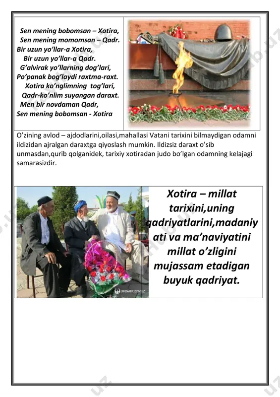 daraksiz yo’q bo’lib ketdilar. yurtdoshlarimiz o’sha qonli urushda jonajon yurtimiz, uning ozodligi va mustaqilligi, yorug’ kelajagi uchun jon fido qilganlar. ularning xotirasini abadiylashtirish maqsadida 1999 – yil 2 – mayda o’zbekiston respublikasi prezidentining farmoni e’lon qilindi. farmonga ko’ra 9 – may “ xotira va qadrlash ” kuni deb belgilandi. xotira va qadrlash kuni umumxalq bayrami sifatida o’zbekistonda birinchi marotaba keng nishonlandi. qo’ling qadog’iga bosay yuzimni, onamsan-ku og’ir olma so’zimni. qayinbarglar yopib qaro ko’zini, olislarda qolgan usmonlaring bor. qurboning bo’layin ey onajonim, sening faryodlaring – mening fig’onim. o’tmishingni o’ylab o’rtanar jonim, aytsam ado bo’lmas armonlaring bor. xotira kuni … kimdir xotira maydonida urushdan qaytmagan yaqinlarini eslasa, kimdir qarindoshlari qabrini ziyorat qiladi. yana kimdir nuroniy ota- onasi,tabarruk buvi – buvalarining holidan habar oladi, ko’ngillarini ko’taradi. chunki bu kun qadrlash kuni hamdir. xotira maydoni bizning baxtli kelajagimiz uchun jon berganlar ruhi yod etiladigan muqaddas qadamjo bo’lib qoldi. u bizga bugungi shirin hayotimiz,totli turmushimiz …