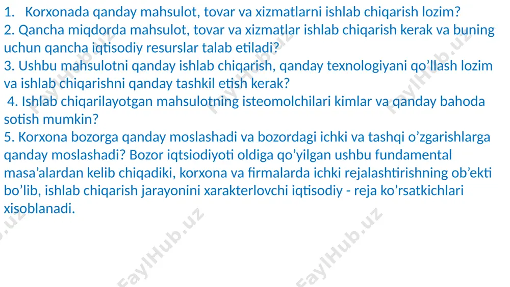 t) tayyorlash uchun sarflanuvchi xom-ashyo, material, yoqilg’i, energiya va boshqa resursladan foydalanishning yo’l qo’yilishi mumkin bo’lgan maksimal yoki minimal chegarasidir. agar resurslardan foydalanish me’yorlarini kamaytirish mahsulot sifatining pasayishiga yoki belgilangan standartlar talablarining buzilishiga olib keladigan bo’lsa, u holda bu me’yorlarni kamaytirish mumkin emas. me’yor (norma) – belgilangan sifatdagi mahsulot birligi (ish, xizmat) tayyorlash uchun sarflanuvchi xom-ashyo, material, yoqilg’i, energiya va boshqa resursladan foydalanishning yo’l qo’yilishi mumkin bo’lgan maksimal yoki minimal chegarasidir. agar resurslardan foydalanish me’yorlarini kamaytirish mahsulot sifatining pasayishiga yoki belgilangan standartlar talablarining buzilishiga olib keladigan bo’lsa, u holda bu me’yorlarni kamaytirish mumkin emas. me’yoriy – nisbiy kattalik bo’lib, asosan foizlar yoki koeffitsientlar yordamida aks ettiriladi. u mehnat vositalari va predmetlaridan foydalanish darajasini, ularning har bir maydon birligi, og’irlik birligi, hajm birligiga sarflanishini tavsiflab beradi. biznes-reja sarlavha sahifasidan boshlanadi, unda quyidagilar ko'rsatilgan: korxona nomi - loyiha tashabbuskori, uning nomi, shuningdek loyiha mualli􀂧ari, biznes-rejani tayyorlash vaqti va joyi. xulosa - bu …