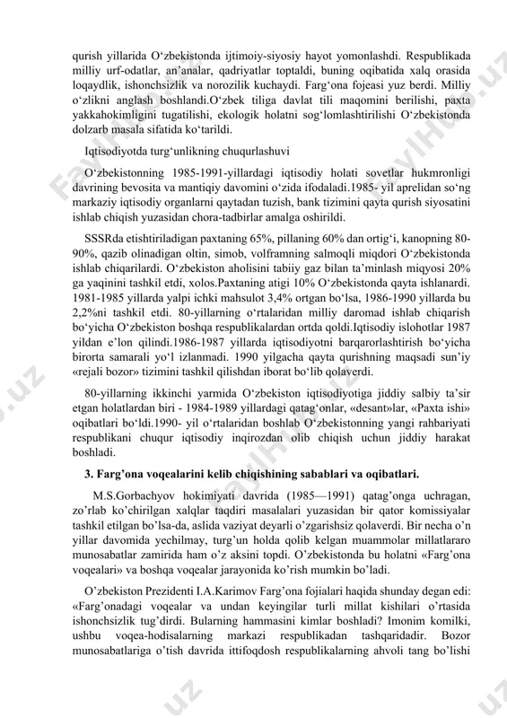 qamoqqa olindi, ularning 600 dan oshig‘i rahbar xodimlar, 10 tasi sotsialistik mehnat qahramonlari edilar. qamoqa olinganlarning ko‘pchiligi qonunga xilof ravishda sudsiz, belgilanganidan oshiq muddatlarda qamoqxonalarda ushlab turildi.bu o‘zbek xalqining mavjud tuzumga nisbatan ishonchsizligini, rahbar xodimlar va huquq-tartibot organlariga nisbatan noroziligini kuchaytirdi. o‘zbekistonda qo‘pol tarzda inson huquqlari poymol etildi. qatag‘onlik siyosatining oqibatida xususiy mulk, asriy an’analar yo‘q qilindi. davlat hukmronligi, partiya yakka hokimligi o‘rnatildi.sovet tuzumiga qarshi bo‘lgan xalqning ilg‘or qatlamlarini davlat boshqaruviga yaqinlashtirmaslik siyosati olib borildi.hukumatga xalaqit bermasligi uchun ziyolilar tag-tomiri bilan yo‘qotildi.har qanday yo‘l bilan sovet davlatining kuch qudratini saqlab turish asosiy maqsad edi.ilg‘or g‘oyalar yo‘qotildi.ko‘zga ko‘ringan olimlar, shoir va davlat arboblari shafqatsiz yo‘q qilingan.milliy g‘urur va o‘zlikni anglash g‘oyalarini ildizi bilan quritishga intilgan.xalqlarning tili, dini va asriy an’analariga tajovuz qilingan.diniy qadriyatlar toptalgan.pirovard natijada yagona sovet xalqini tashkil etishga harakat bo‘ldi. fikrlash, so‘z va e’tiqod erkinligi cheklangan.sovet xalqini boshqa xalqlardan ajratib iskanjada ushlangan, zo‘rlik orqali kamchiliklar yashirilgan. ma’muriy-siyosiy biqiqlik. 1980-yillarning …