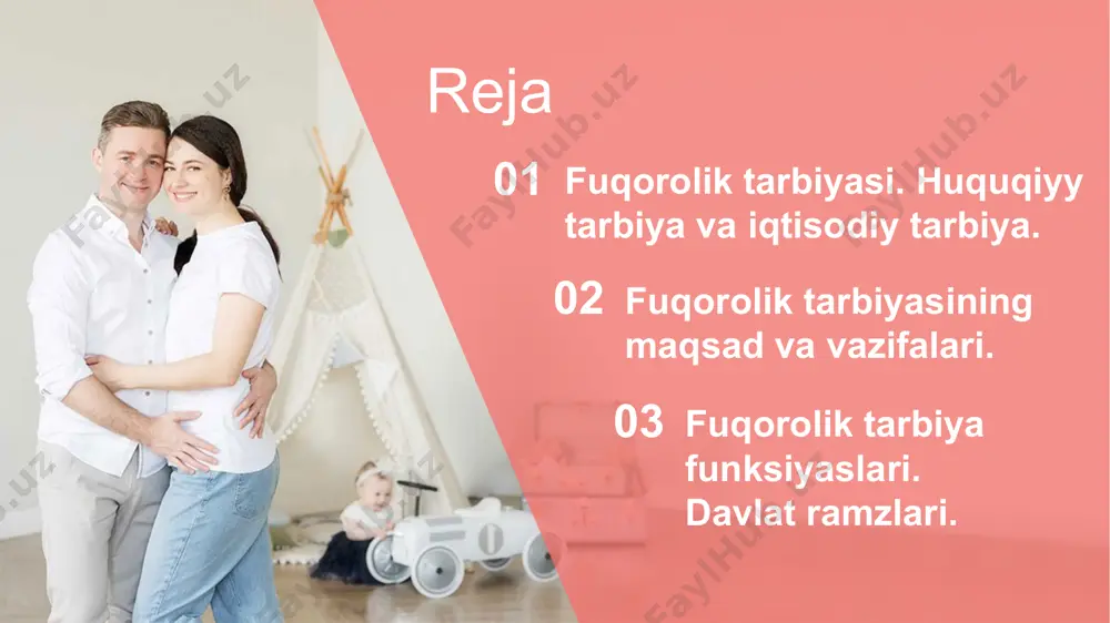 a aylanadi. fuqarolik tarbiyasi fuqarolik tushunchasining mohiyatini anglatish orqali oʻquvchilarda yuksak darajadagi fuqarolik madaniyatini shakllantirish, ularni xalq, vatan, jamiyat manfaatlari yoʻlida kurashuvchi fuqarolar etib tarbiyalashga yoʻnaltirilgan pedagogik jarayon. fuqarolik tarbiyasining markaziy ob'ekti fuqaro sanaladi. fuqarolik tarbiyasining vazifalari tizimini quyidagilar tashkil etadi: 1. yosh avlodni doimiy ravishda jamiyatda ustuvor mavqega ega boʻlgan axloqiy va huquqiy me'yorlarga rioya etishga oʻrgatib borish. 2. oʻquvchilarga fuqarolik huquq va burchlari toʻgʻrisida ma'lumotlar berib borish, ularda fuqarolik faoliyatini tashkil etish borasida koʻnikma va malakalar hosil qilish. oʻquvchilarda davlat ramzlariga nisbatan hurmat va muhabbatni qaror toptirish, respublika prezidenti sha'ni, or-nomusini himoya qilishga tayyorlik hissini shakllantirish. oʻquvchilarda xalq oʻtmishi, milliy qadriyatlarga nisbatan muhabbat tuygʻusini uygʻotish, ulardan gʻururlanish, faxrlanish va iftixor hislarini oshirish. respublika konstitusiyasida shaxsning quyidagi huquqlari kafolatlanadi: yashash huquqi, erkinlik va shaxsiy daxlsizlik, ayblanayotgan shaxs ishining sudda qonuniy tartibda, oshkora koʻrib chiqilishi, har kim oʻz sha'ni va obroʻsiga tahdid qiladigan tajovuzlardan, shaxsiy hayotga aralashishdan himoyalanish va turar-joy …