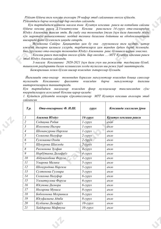 тор ижобий ишларни қилишга улгурди, тарбиячиларга ҳам яқиндан ёрдам бериб келмоқда. биз гурухимиз ота-оналари томонидан юлдуз азимовани раис бўлишига қарши эмасмиз. кенгаш раиси таклифни овозга қўйди. бир овоздан ....-мтт кузатув кенгаши раиси этиб юлдуз азимова сайланди. 3-масала кенгашнинг 2020-2021 ўқув йили учун иш режасини тасдиқлаш бўлиб, ташкилот раҳбарияти билан келишилган холда тузилган иш режа ўқиб эшиттирилди. бажарилиши лозим бўлган ишлар юзасидан эътирозлар бўлмади. йиғилишда ота-оналар томонидан берилган маълумотлар юзасидан бошқа саволлар туғилмади кенгашнинг фаолияти юзасидан барча маълумотлар йиғилиш иштирокчиларига таништирилди. кун тартибидаги масалалар юзасидан фикр мулоҳазалар тинглангандан сўнг юқоридагиларга асосланиб кенгаш қарор қилади: 1. қуйидаги рўйхатда номлари кўрсатилганлар мтт кузатув кенгаши аъзолари этиб сайлансин т.р. ота-оналарнинг ф. и.ш. гурух кенгашда эгаллаган ўрни 1 азимова юлдуз 14-гурух кузатув кенгаши раиси 2 содиқова робия 1-гурух аъзо 3 илхомова нигора 1-гурух аъзо 4 шомансурова наргиза 1-гурух аъзо 5 солихова нилуфар 2-гурух аъзо 6 ғуломаова озода 2-гурух аъзо 7 шукурова шахзода 2-гурух аъзо 8 …