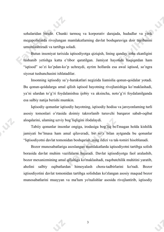 radi. bozor iqtisodiyotini davlat tomonidan tartibga solishdan ko'zlangan asosiy maqsad bozor munosabatlarini muayyan va ma'lum yo'nalishlar asosida rivojlantirib, iqtisodiy taraqqiyot sur'atlarini jadallashtirish va aholi turmush darajasini oshirish choralarini ko'rishdan iboratdir. 1-bob. iqtisodiyotni davlat tomonidan boshqarishning nazariy asoslari. 1.1. iqtisodiyotni tartibga solishning nazariy asoslari merkantilizm kapitalni dastlabki jam g‘arilishi davriga xos bo'lib, savdo burjuaziya manfaatlarini ifoda etadi. merkanlilizmga ikki xususiyat xosdir: 1) boyiik pul bilan ifodalanadi (davlat qancha ko'p pulga ega ho’isa, u shuncha badavlat hisoblanadi) 2) davlat hokimiyati yordamida pul boyliklarini iamg'arishga crishish mumkin. keyns o ‘zining dastlabki tadqiqotlarida sey qonunini inkor etgan holda samarah talab1 nazariyasini asoslab berdi. keynsgacha bo‘lgan davrda klassiklar tom onidan sey qonuni qabul qilingan bo‘lib, unga muvotiq taklif o'z talabini yuzaga keltirar edi. keyns esa, aksincha, jami talab o ‘z taklifini yuzaga keltirishi g‘oyasini ilgari surdi. iqtisodiyotni davlat tomonidan tartibga solish haqida ko’plab iqtisodchilar turli fikrlarni bildirganlar. ya‘ni, bozorning kamchiliklari, uning ko’plab iqtisodiy muammolarni hal …