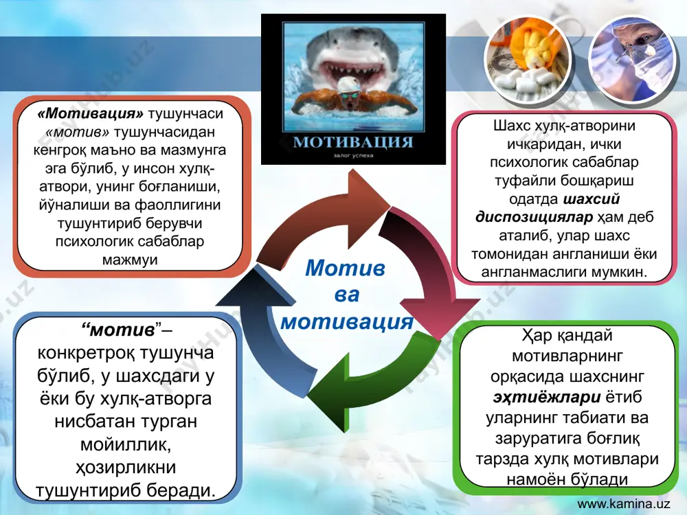 нига қасд қилиб қўяди. қахр, ғазаб, рашк, ажабланиш ва ҳурсандчилик аффектлари фарқ қилинади. патологик аффектда онгнинг торайиши туфайли қисман ёки тўла амнезия ҳам кузатилади. шунинг учун ҳам аффект пайтида одам нима қилганини эслай олмайди. кайфиятлар – анча вақт давомида кишининг бутун хатти-ҳаракатига тус бериб турадиган умумий ҳиссий ҳолатини ифода этади. кайфият аниқ бир ҳиссиётга алоқадор бўлмайди. у тан соғлиги ёки тан хасталиги ҳақида дарак бе­рувчи кўп сонли интрорецептив импульслар йиғиндиси ҳисобланади. кайфият шод-хуррам ёки қайғули, тетиклик ёки ланжлик, ҳаяжонлилик ёки маъюслик, жиддийлик ёки енгилтаклик, жиззакилик ёки мулойимлик ва ҳоказо тарзда бўлади. жиззакилик ва маюслик – бирор хасталик бошланганининг илк аломати бўлиши мумкин. эйфория-бу кўтаринки, қувончли кайфият бўлиб, патологик белги ҳисобланади. уларга атрофдаги барча нарсалар қувончли, жозибали бўлиб кўринади. улар ўзларини дунёда энг бахтиёр кишидек ҳис қилишади(бунга ҳеч қанақа асос бўлмасада). дисфория эса ортиқча жиззакилик, ўз-ўзидан ва атрофдагилардан ҳафа бўлиш, керак бўлмаган нарсага асабийлашавериш билан ифодаланади. бунга бадқовоқлик, ёқтирмаслик ва баджахллик …