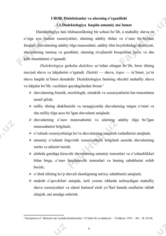 dialektografiya; · tarixiy dialektologiya. tasviriy dialektologiya yoki dialektografiya mahalliy sheva va lahjalarga xos fonetik va leksik, morfologik xususiyatlarni qayd etadi, yozib oladi va ularni kartaga tushiradi. tarixiy dilektologiya tilning dialektal xususiyatlari bilan birga, shu xususiyatlarning kelib chiqishi, rivojlanishi, turli davrlarda o’zgarish, qardosh tillar bilan munosabati va shu shevalarning tashkil topishida qardosh va qardosh bo’lmagan tillarning ishtiroki kabilarni o’rganadi. keyingi yillarda barcha o’zbek shevalarini areal va lingvogeografik usullar bilan o’rganish ham tarixiy maqsadlarni ko’zda tutadi. dialektologiyaning shevalarni o’rganishi esa til tarixi uchun ham, xalq, tarixi uchun ham boy va qimmatli materiallar beradi. chunki, adabiy tilda allaqachonlar yo’q bo’lib ketgan yoki o’zgarishga uchragan so’zlar, ayrim grammatik shakllar mahalliy shevalarda saqlanib qolganligi tabiiy.ularni topib adabiy tilga olib kirish yoki uni boyitish juda muhimdir. o’zbek dialektologiyasi o’zbek tili tarixidagi ayrim noaniq, masalalarni oydinlashtirish, hal qilish uchun asosiy manba beradi. qadaimgi o’zbek yozma yodgorliklari tilining biz uchun noaniq, (gumonli) bo’lgan ayrim xususiyatlarini hozirgi o’zbek shevalari …