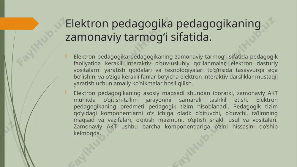 jaligi, qurilish kabi zamonaviy tarmoqlar taraqqiyotida, xizmat ko’rsatish, xavfsizlikni ta’minlash, ijtimoiy sohalar, ilm-fan va texnikani rivojlantirishda muhim o’rin tutadi. hozirgi kunda jamiyatni yuqori texnologiyalarsiz, kompyuterlarsiz, global tarmoqqa ulanmasdan va axborot resurslaridan foydalanmasdan rivojlantirib bo’lmaydi. ular ijtimoiy hayotning ajralmas qismi va mamlakat taraqqiyotining mezoniga aylanmoqda. elektron nashr – bu grafikli, matnli, raqamli, nutqli, mustaqil, video – foto va boshqa axborot ob’ektlari majmuasidan iborat bo‘lib, ular elektron axborot tashuv vositalari yoki kompyuter tarmog‘i orqali taqdim etishga mo‘ljallangan. elektron o‘quv qo‘llanma – bu muayyan fanning o‘quv rejasidagi vaqt va o‘quv dasturidagi ma’lumot hajmini qisman yoki to‘liq qamragan va fanni o‘rganishga tegishli ma’lumotni to‘liq adaptatsiya qila olgan masofaviy o‘qitish va mustaqil o‘rganish uchun mo‘ljallab tayyorlangan nashr. multimediali elektron o‘quv qo‘llanmalar yaratishda zamonaviy axborot texnologiyalaridan kompleks foydalanishning quyidagi jihatlariga asosiy e’tibor qaratiladi: ichma – ich joylashgan turli bo‘g‘inlar va rangli bezaklarda gipermurojatlardan foydalanish. ma’lumotlarni tasvirlashda turli xil rangli bezaklardan foydalanish. audio va video effektlar va …