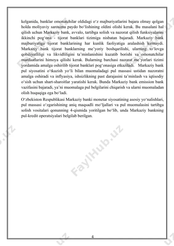 nida, banklar omonatchilar oldidagi o‘z majburiyatlarini bajara olmay qolgan holda moliyaviy sarosima paydo bo‘lishining oldini olishi kerak. bu masalani hal qilish uchun markaziy bank, avvalo, tartibga solish va nazorat qilish funksiyalarini ikkinchi pog‘ona - tijorat banklari tizimiga nisbatan bajaradi. markaziy bank majburiyatiga tijorat banklarining har kunlik faoliyatiga aralashish kirmaydi. markaziy bank tijorat banklarning me’yoriy boshqarilishi, ularning to‘lovga qobiliyatliligi va likvidliligini ta’minlanishini kuzatib borishi va omonatchilar manfaatlarini himoya qilishi kerak. bularning barchasi nazorat me’yorlari tizimi yordamida amalga oshirilib tijorat banklari pog‘onasiga etkaziladi. markaziy bank pul siyosatini o‘tkazish yo‘li bilan muomaladagi pul massasi ustidan nazoratni amalga oshiradi va inflyasiya, ishsizlikning past darajasini ta’minlash va iqtisodiy o‘sish uchun shart-sharoitlar yaratishi kerak. bunda markaziy bank emission bank vazifasini bajaradi, ya’ni muomalaga pul belgilarini chiqarish va ularni muomaladan olish huquqiga ega bo‘ladi. o‘zbekiston respublikasi markaziy banki monetar siyosatining asosiy yo‘nalishlari, pul massasi o‘zgarishining aniq maqsadli mo‘ljallari va pul muomalasini tartibga solish vositalari qonunning 4-qismida yoritilgan …