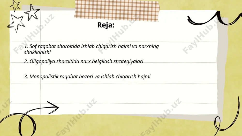 obatchilarga moslashish va uzoq muddatli foyda ko'rish niyatidagi sarmoya kiritish kiradi. har bir ishtirokchi bozor ulushini saqlab turishga intiladi. ... t.me/slaydai_bot monopolistik raqobat bozori ko'plab sotuvchilarni o'z ichiga oladi, bunda har bir firma o'z mahsulotini biroz farq qiladi. bu bozorda sotuvchilar o'zaro mustaqil ravishda narx belgilaydilar va o'z mahsulotlarini differentsiyalashadi. bilvosita raqobat tufayli, har bir firma o'z narxini va ishlab chiqarish hajmini mustaqil belgilaydi. monopolistik raqobat bozoridagi firmalar odatda qisqa muddatda foyda ko'rishlari mumkin, lekin uzoq muddatda yangi kiruvchilar va bozorning to'yinganligi tufayli normal foyda darajasiga qaytadilar. ushbu bozorda reklama va marketing muhim ahamiyatga ega, chunki ular mahsulotning farqlanishini ta'minlaydi. ... t.me/slaydai_bot 4. sof monopoliyada narxni qanday belgilash monopoliyada narx belgilash jarayonida firma bozorda yakkahokimlik huquqiga ega bo‘lib, o‘z mahsulotining narxini mustaqil belgilaydi. monopoliya amalga oshiradigan narx belgilashda, u chegaraviy daromadni chegaraviy xarajatlar bilan tenglashtiradi. masalan, agar mahsulotning chegaraviy xarajati 50 ming so‘m bo‘lsa, firma uning chegaraviy daromadini ham 50 …