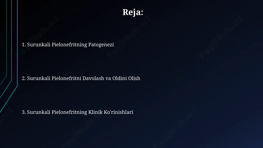 infektsiyalarining takrorlanuvchi epizodlari, ayniqsa, 2 yildan ortiq davom etgan hollarda, asosiy sabab hisoblanadi, bu esa asosan, rivojlangan mamlakatlarda kuzatiladi. jinsiy a'zolarning anatomik anormalliklari, masalan, siydik pufagining reflyuksiyasi (vur), bolalarda surunkali pielonefrit rivojlanish xavfini 7 barobarga oshiradi va bu holat ko'pincha janubiy afrika mamlakatlarida uchraydi. klinik ko'rinishlari surunkali pielonefritda bemorlarning 70%ida qorinning pastki qismida, ayniqsa o'ng yonboshda, 3 dan 7 kungacha davom etadigan o'tkir og'riqlar kuzatiladi, bu og'riqlar bel va qovurg'alar ostiga tarqalishi mumkin. samarqand viloyatida o'tkazilgan tadqiqotlar shuni ko'rsatdiki, surunkali pielonefrit bilan kasallangan bemorlarning 30%ida arterial bosimning oshishi (gipertenziya) va buyrak etishmovchiligining dastlabki belgilari kuzatiladi. prognoz surunkali pielonefritning prognozi, o'z vaqtida va to'g'ri davolash bilan, 90% hollarda ijobiy bo'ladi, ammo 10% hollarda, ayniqsa, rivojlangan bosqichlarda, buyrak yetishmovchiligiga olib kelishi mumkin. samarqanddagi tadqiqotlar shuni ko'rsatdiki, surunkali pielonefrit bilan kasallangan bemorlarning 25%ida 5 yil ichida buyrak funksiyasining sezilarli darajada pasayishi kuzatiladi. tashxis qo'yish usullari siydik tahlilida leykotsituriya (15000 dan ortiq leykotsitlar/ml), bakteriuriya …