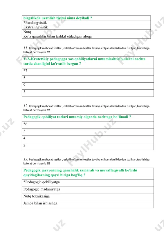 cha bosqichdan iborat ? *7 5 3 9 16. pedagogik mahorat testlar , eslatib o’taman testlar tavsiya etilgan darsliklardan tuzilgan,tushishiga kafolat bermaymiz !!! qaysi ta'lim tizimi garchi 350 yil avval asoslangan bo'lsada, bugungi kunda ham keng ko'lamda qo'llanilmoqda ? *sinf dars individual jomoaviy maruza-seminar 17. pedagogik mahorat testlar , eslatib o’taman testlar tavsiya etilgan darsliklardan tuzilgan,tushishiga kafolat bermaymiz !!! kerakli so'zni topib qo'ying. tarbiya metodlari – bu tarbiya …amalga oshirish.... *maqsadi,yo’li aniq,qism yig’indisi,usuli usuli,qismi 18. pedagogik mahorat testlar , eslatib o’taman testlar tavsiya etilgan darsliklardan tuzilgan,tushishiga kafolat bermaymiz !!! quyidagi metodlardan qaysilari ongni shakllantirish metodlariga kiradi: 1)hikoya; 2)pedagogik talab; 3)etik suhbat; 4)mashq; 5)tushuntirish *1,3,5 2,4,5 1,2,5 3,4,5 19. pedagogik mahorat testlar , eslatib o’taman testlar tavsiya etilgan darsliklardan tuzilgan,tushishiga kafolat bermaymiz !!! mashq, o'rgatish, tarbiyaviy vaziyat tarbiyaning qaysi metodlariga kiradi ? *faoliyatni tashkil etish ongni shakllantirish rag’batlantirish nazorat 20. pedagogik mahorat testlar , eslatib o’taman testlar tavsiya etilgan darsliklardan tuzilgan,tushishiga …