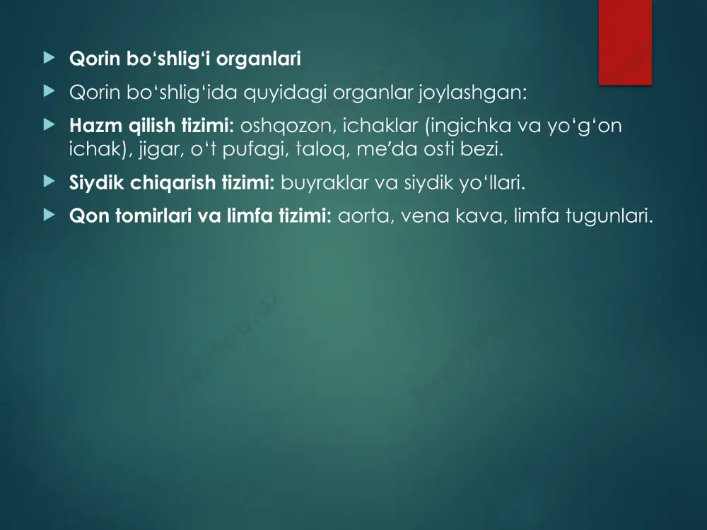 hlig'ida diffuz og'riq bor. agar ichi bo'sh organlar, ichaklar yoki oshqozon shikastlangan bo'lsa, qorin pardaning yallig'lanishiga xos belgilar kuzatiladi. agar bu kichik jarohat boʻlsa, konservativ davo qoʻllanilishi mumkin, ogʻirroq hollarda jarrohlik davolash yetarli emas. oshqozon-ichakdan qon ketish bu oʻtkir holatning klinik koʻrinishi qon ketishining toʻsatdan boshlanishidan iborat. birgalikda simptomlar: bosh aylanishi, kuchning yo'qolishi va past qon bosimi, qon quyqalari bilan kuchli qusish. najas qatron bo'ladi, bemorning ko'zlari atrofida sariq doiralar paydo bo'ladi, yurak urishi tezlashadi, kuchli terlashadi. qon ketish ko'pincha oshqozon yoki o'n ikki barmoqli ichak yarasi asoratlari fonida sodir bo'ladi. agar biz surunkali shakl bilan tavsiflangan engil qon ketish haqida gapiradigan bo'lsak, unda odamda anemiya rivojlanishi mumkin. koʻp qon ketish qorin boʻshligʻining oʻtkir jarrohlik kasalligi boʻlib, shoshilinch jarrohlik aralashuvni talab qiladi.aralashuv. davolash davolash qorin bo‘shlig‘i kasalligining turiga qarab amalga oshiriladi: medikamentoz: antibiotiklar, spazmolitiklar, yallig‘lanishga qarshi dorilar. jarrohlik: appenditsit, churralar, o‘t toshlari, ichak tutilishi va boshqa shoshilinch holatlarda. parhez: zararli …