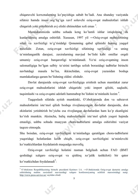 ko’rsatkichlardan foydalanish maqsadga muvofiq. oziq-ovqat xavfsizligi holatini rasman belgilash uchun fao (bmt qoshidagi xalqaro oziq-ovqat va qishloq xo’jalik tashkiloti) bir qator ko’rsatkichdan foydalanadi5: 3 o’zbekiston respublikasining birinchi prezidenti karimov i.a. ―o’zbekistonda oziq-ovqat dasturini amalga oshirishning muhim zaxiralari‖ mavzusidagi xalqaro konferensiyaning ochilish marosimidagi nutqi. http://www.press-service.uz/ saytidan olindi 1. jahondagi g’alla jamg’armalarining iste‘molga nisbatan ko’rsatkichi: jahonda oziq-ovqat xavfsizligini ta‘minlash uchun o’rtacha 17–18 foiz talab etiladi. 2. jamg’armalarning beshta asosiy eksportyorga nisbatan talablari ko’rsatkichi. 3. beshta asosiy eksportyorlarning o’z ichki iste‘moli hamda eksportga nisbatan zaxiralari. 4. uch asosiy importyorlarda donli ekinlar hosili (xitoy, hindiston va mdh mamlakatlari). 5. kam daromadli va oziq-ovqat tanqis bo’lgan mamlakatlarda (kdotm) donli ekinlar yetishtirilishi hajmi. 6. xitoy va hindistondan boshqa kdotmlarda yetishtirilgan mahsulot. 2. o’zbekistonda oziq-ovqat sanoatini rivojlantirish omillari o’zbekiston mustaqillikning dastlabki yillaridan ijtimoiy yo’naltirilgan bozor iqtisodiyotiga asoslangan huquqiy demokratik davlat qurish, barcha sohalarda keng ko’lamli izchil islohotlarni amalga oshirish bo’yicha o’zining tadrijiy taraqqiyot yo’lini tanladi. bunda aholini …