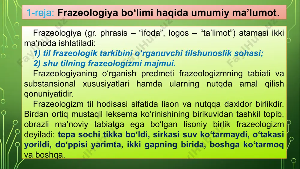 doirasi (dialektal, ilmiy, badiiy so‘zlashuv) bilan ham ma’lum bir tafovutlarga ega: eskirgan frazeologizm: alifni kaltak demoq, aliflayloni bir cho‘qishda qochiradigan, dastin aliflom qilib, kallasini xam qilib, yeng silkitmoq; dialektal frazeologizm: alag‘da bo‘lmoq (xavotir olmoq), ko‘ngli tob tashladi (ezildi), halak bo‘lmoq (ovora bo‘lmoq), qumortqisi quridi (intiq bo‘lmoq); ilmiy frazeologizm: nazar tashlamoq, ko‘zga tashlanmoq, chambarchas bog‘lanmoq, to‘g‘ri kelmoq, imkoniyatlar doirasi, qulay qurshov; badiiy frazeologizm: sabr-kosasi to‘lmoq, og‘zining tanobi qochmoq, og‘zidan bodi kirib, shodi chiqmoq, qildan qiyiq axtarmoq, six ham kuymasin, kabob ham, boshida yong‘oq chaqmoq; so‘zlashuv nutqi frazeologizmi: arpasini xom o‘rmoq, yerga urmoq, yuragi qon, ko‘zi tor, ko‘zi och, boshi ochiq. frazeologizm ikki yoqlama lisoniy birlik, shakl va mazmunning dialektik birligidan iborat. frazeologizmning shakliy tomonini so‘z (leksema emas) tashkil qiladi. ularning mazmuniy tomoni frazeologik ma’nodir. frazeologik ma’no o‘ta murakkab tabiatli, leksemada bo‘lgani kabi ayrimi denotativ tabiatli bo‘lsa, boshqalari grammatik ma’noga ega, xolos. masalan, mustaqil so‘z turkumiga kiruvchi frazeologizm: (burgaga achchiq qilib, ko‘rpaga …