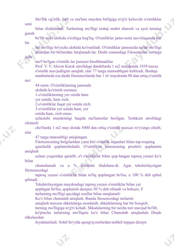 lik og'irlik, ball va ma'lum maydon birligiga to'g'ri keluvchi o'simliklar soni bilan ifodalanadi. turlarning mo'lligi tashqi muhit sharoiti va ayni turning guruh bo'lib yoki alohida o'sishiga bog'liq. o'simliklar jamo-asini tasvirlaganda har bir tur mo'lligi bo'yicha alohida ko'rsatiladi. o'simliklar jamoasida turlar mo'lligi jihatidan bir-birlaridan farqlanadi-lar. dasht zonasidagi fitosenozlar turlarga juda mo'l bo'lgan o'simlik-lar jamoasi hisoblanadilar. prof. v. v. alexin kursk atrofidagi datshtlarda 1 m2 maydonda 1939 nusxa o'simlik mavjudligini aniqlab, ular 77 turga mansubligini keltiradi. boshqa manbalarda esa dasht fitosenozlarida har 1 m' maydonda 80 dan ortiq o'simlik turi 44-rasm. o'simliklarning jamoada alohida ko'rinish sxemasi. 1-o'simliklarning yer ostida ham yer ustida, ham zich; 2-o'simliklar faqat yer ostida zich; 3-o'simliklar yer ustida ham, yer ostida ham, zich emas. uchratshi mumkinligi haqida ma'lumotlar berilgan. toshkent atrofidagi efemerli cho'llarda 1 m2 may-donda 5000 dan ortiq o'simlik nusxasi ro'yxatga olinib, ular 47 turga mansubligi aniqlangan. fitotsenozning belgilaridan yana biri o'simlik organlari bilan tup-roqning qanchalik qoplanishidadir. …