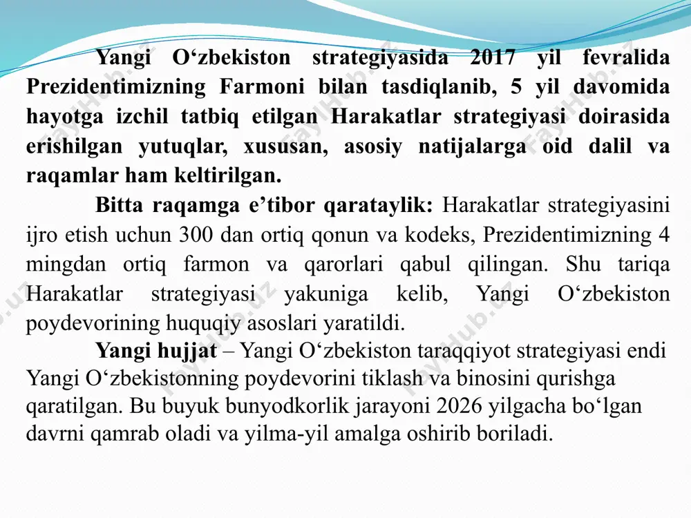qilishning mustahkam qonuniy asosiga aylanadi. bo‘lajak nodavlat notijorat tashkilotlari to‘g‘risidagi kodeksda fuqarolik jamiyatining huquqiy mezonlari o‘z aksini topadi. axborot kodeksi – shu vaqtga qadar amal qilayotgan ommaviy axborot vositalari, jurnalistlar faoliyati, axborot va so‘z erkinligiga bag‘ishlangan o‘ndan ortiq qonun kodifikatsiya qilingan yagona va yaxlit qonun hujjati sifatida qabul qilinishining natijasi bo‘ladi. 9 boshqacha aytganda, o‘zbekiston tashqi xalqaro munosabatlarning teng huquqli a’zosi sifatida o‘zining bmt barqaror taraqqiyot maqsadlari bilan hamohang holda rivojlanishi, bu boradagi o‘ziga xos o‘rni va ahamiyati, yanada muhimi, ibratli tajribasini butun dunyoga ko‘rsata oldi. o‘z navbatida, yangi o‘zbekiston tarraqqiyot strategiyasi ushbu muhim taraqqiypravar jarayon uzluksiz davom etayotganidan dalolat beradi. bugungi kunda xalqaro hamjamiyat tomonidan taraqqiyot huquqi to‘g‘risidagi konvensiya loyihasi ishlab chiqilyapti. qolaversa, 35 yildan buyon taraqqiyot huquqi to‘g‘risidagi deklaratsiya amal qilmoqda. shu ma’noda, o‘zbekiston prezidenti taqdim etayotgan taraqqiyot strategiyasi xalqaro hamjamiyatning rivojlanish tendensiyalariga, butun dunyoning taraqqiyot trendlariga to‘la mos keladi. shuni ham aytish joizki, o‘zbekiston respublikasi oliy majlisi …